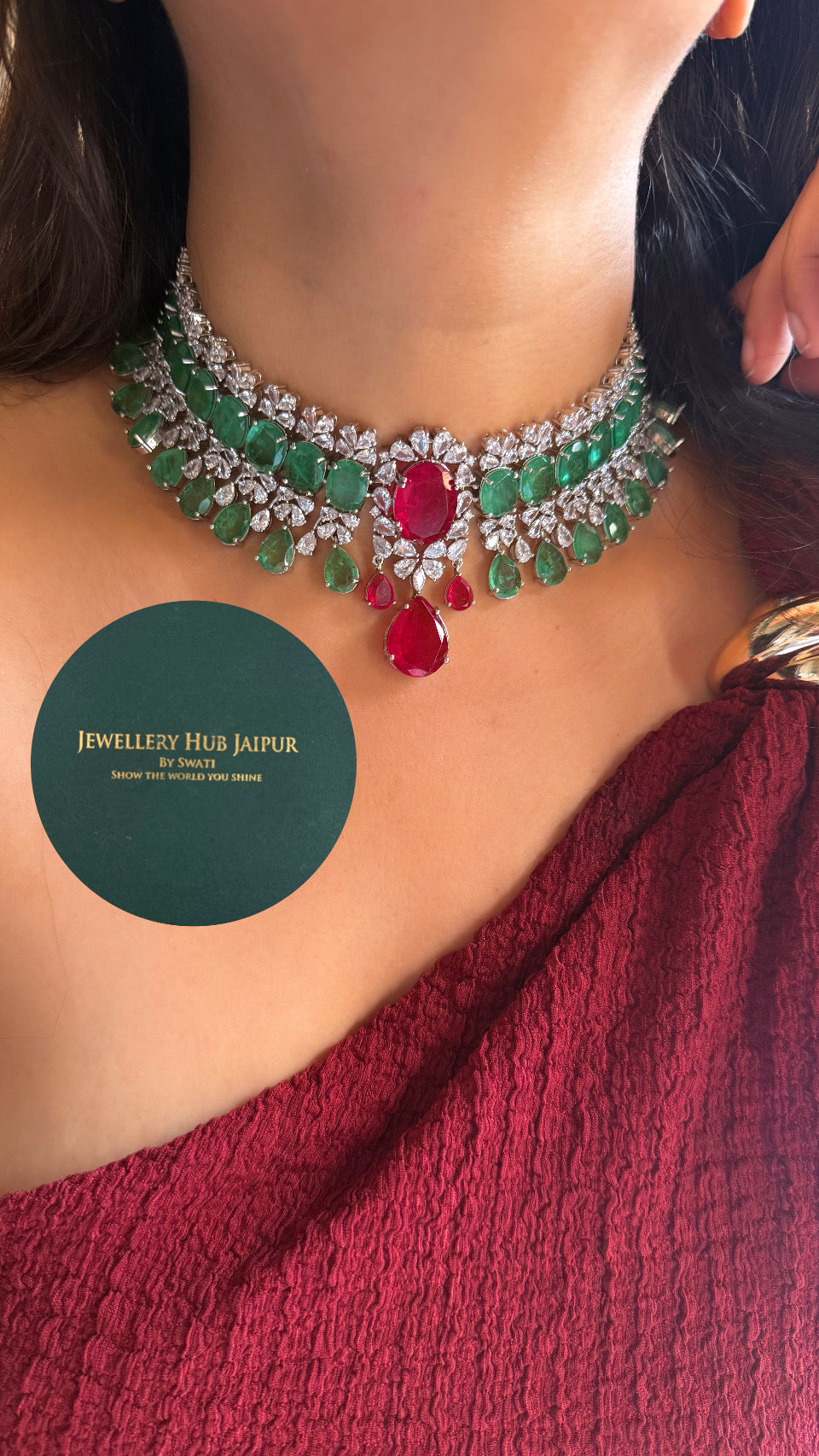 Sage Green & Ruby cz diamond necklace set