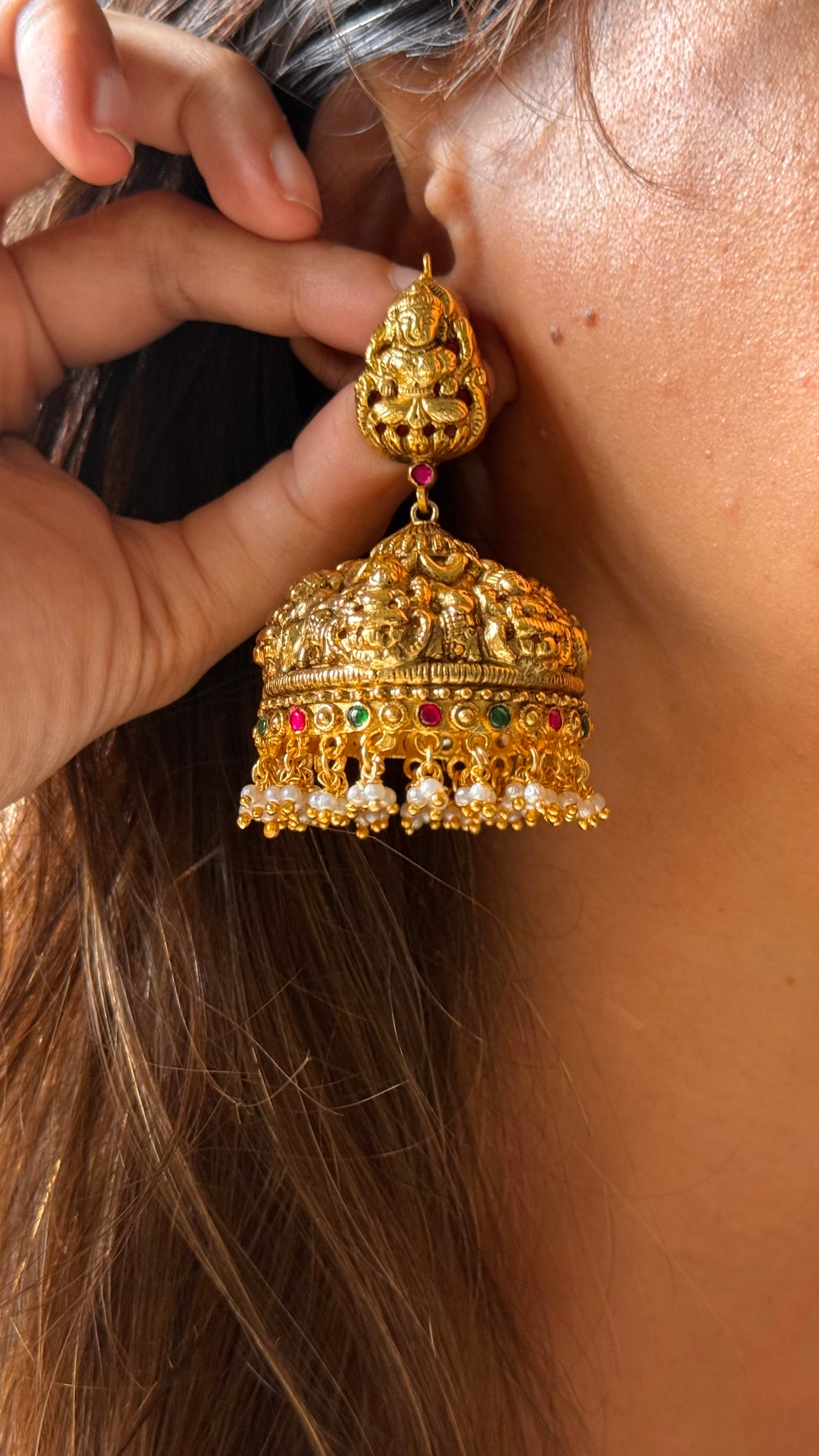 Goddess laxmi rani pink & emerald temple jhumka