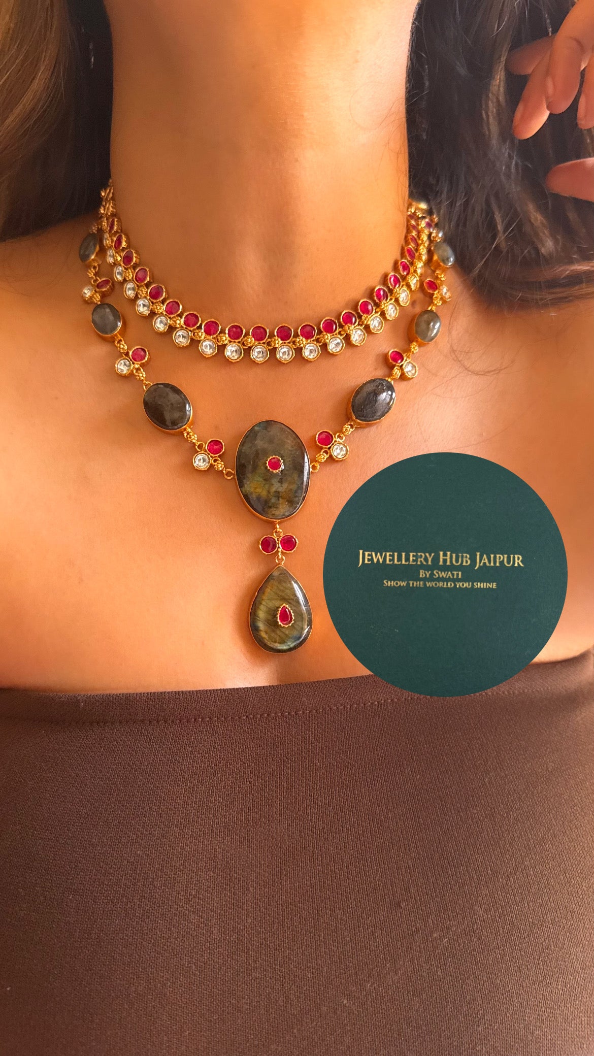 Amrapali inspired Natural stone rani pink moissanite dual layer collar set