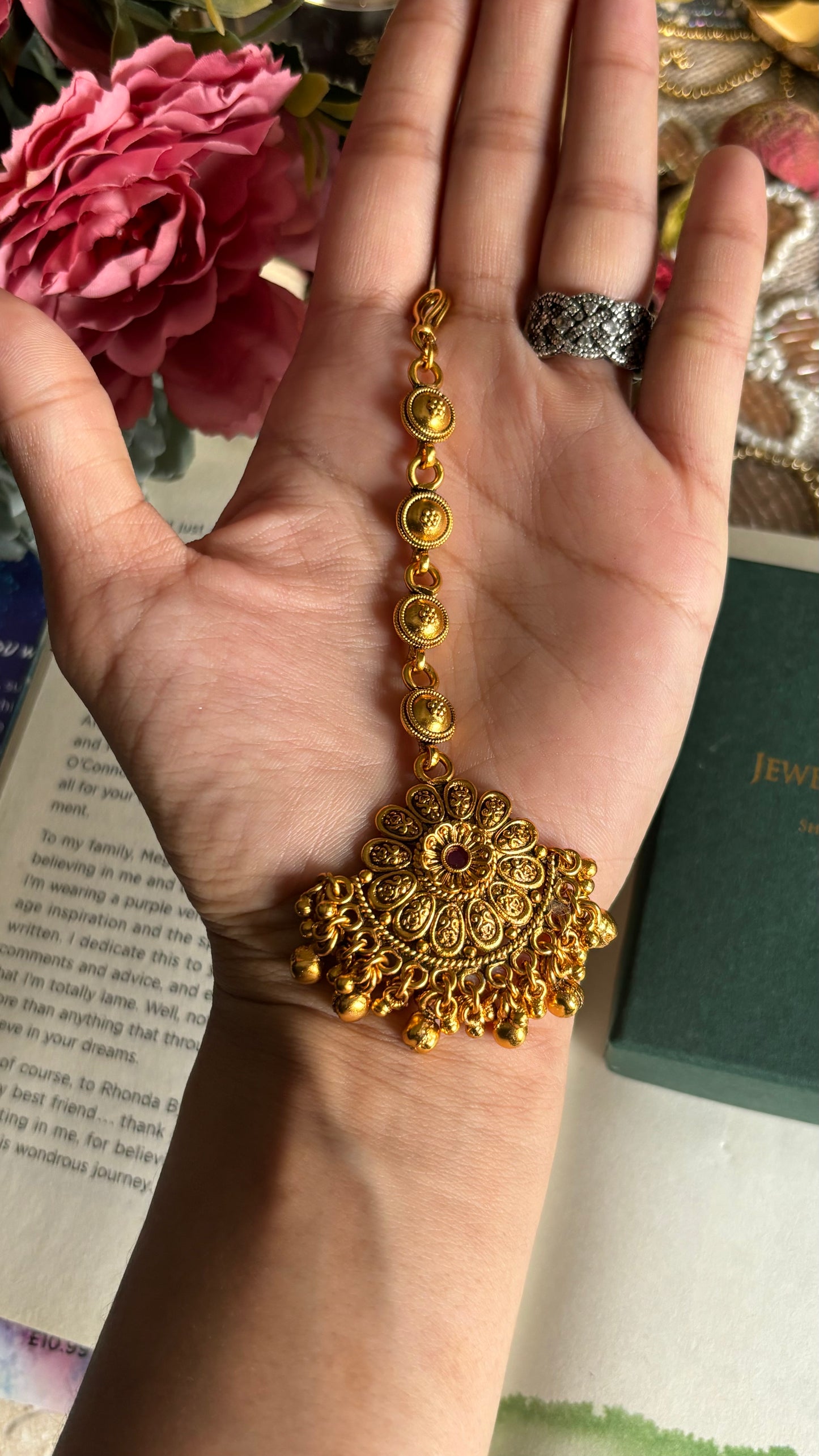 Floral gold ruby polki maangtika