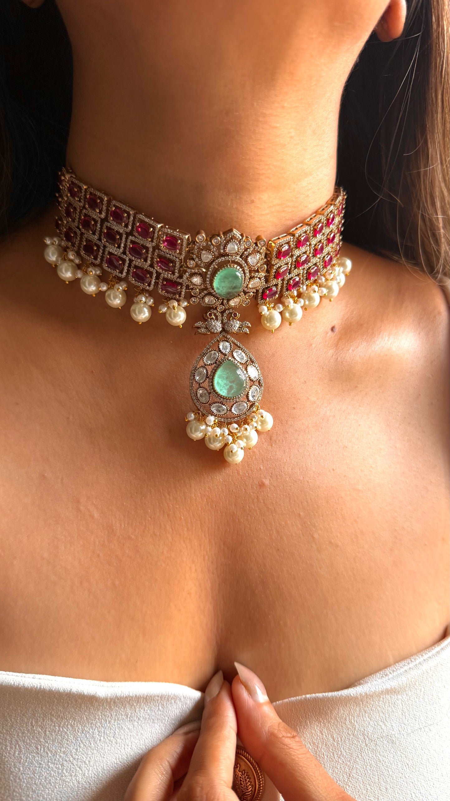 Kajol Mint doublet & rani pink moissanite with pearl drop choker