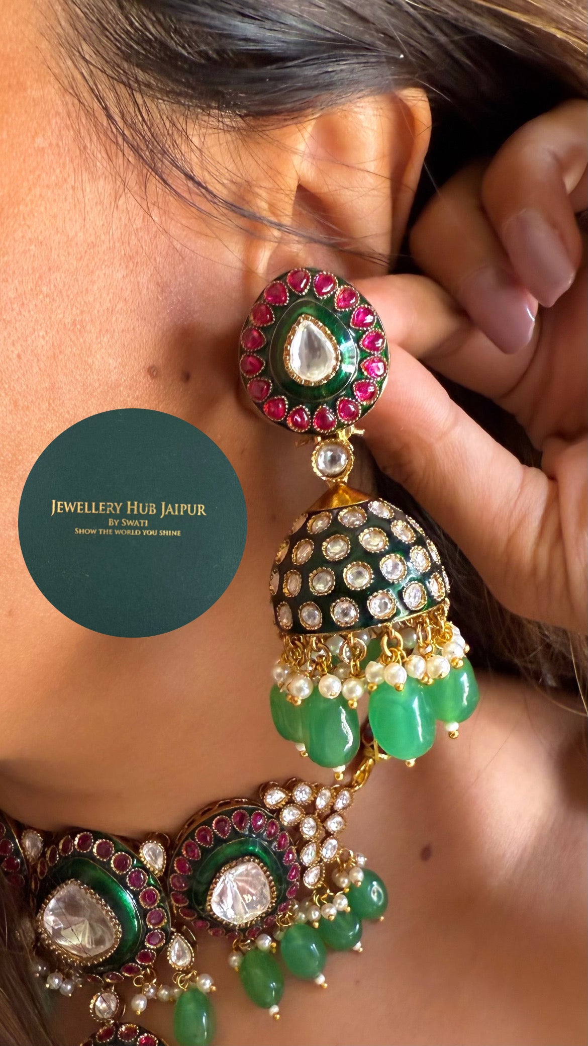 Ruby & Emerald mint polki choker necklace with jhumkas