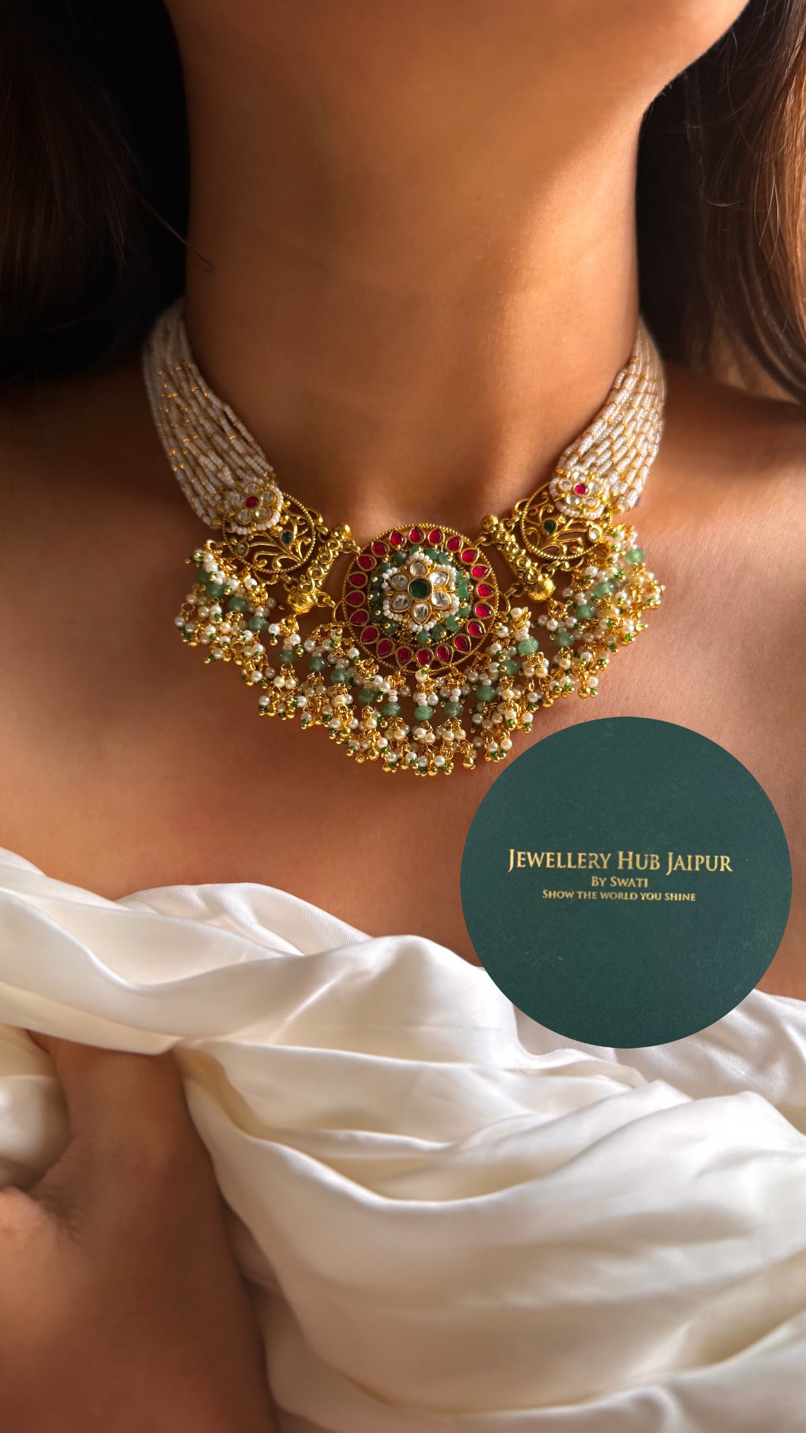 Handmade Heritage Polki Emerald & rani pink floral heritage rajwada collar set