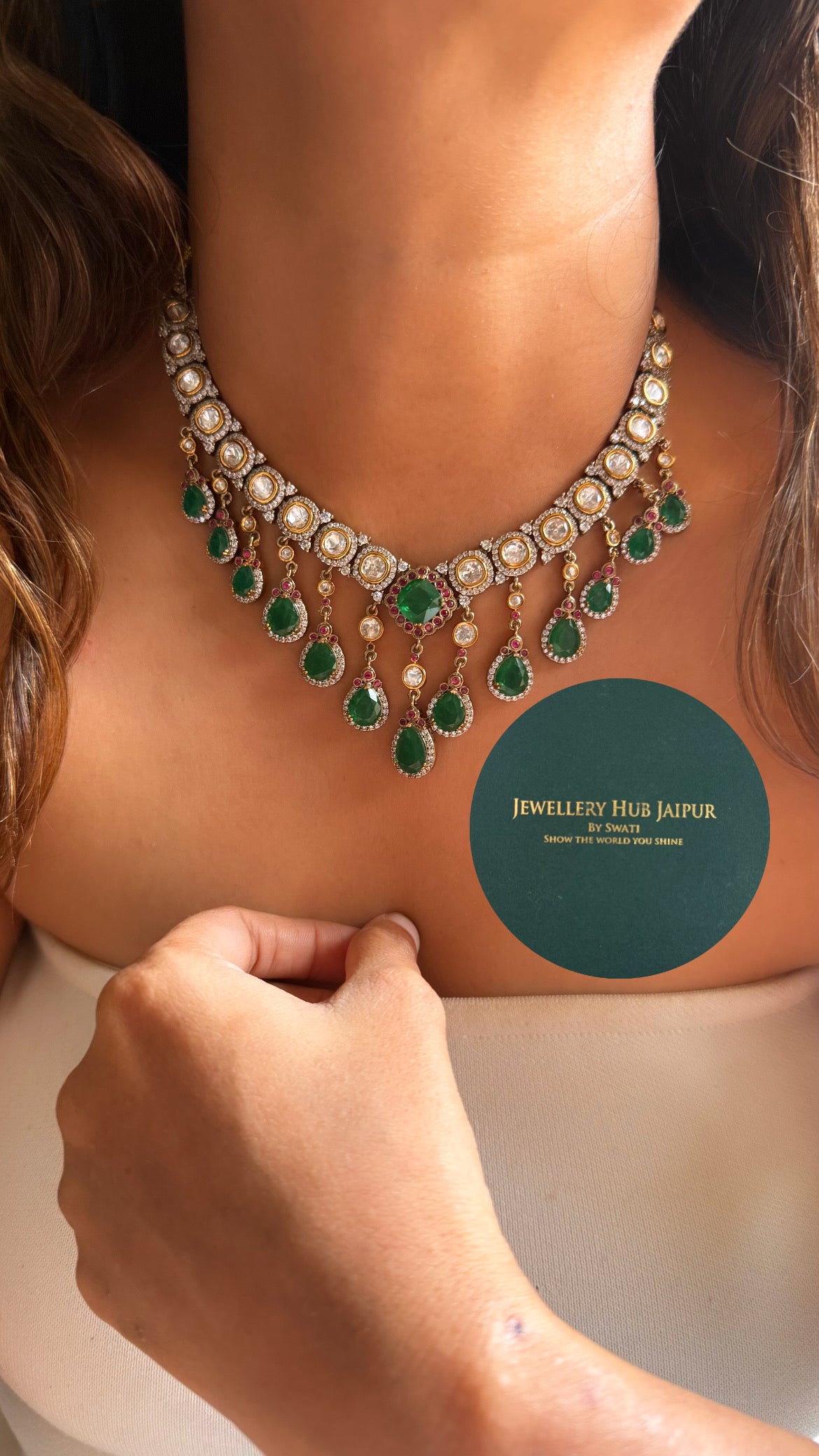 Emerald doublet & rani pink moissanite designer collar set