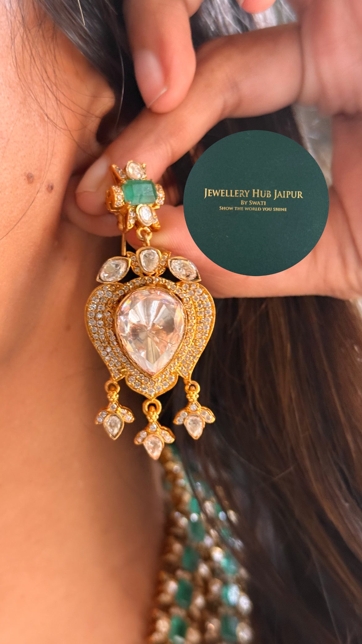 Emerald doublet dual layered moissanite polki mid length set