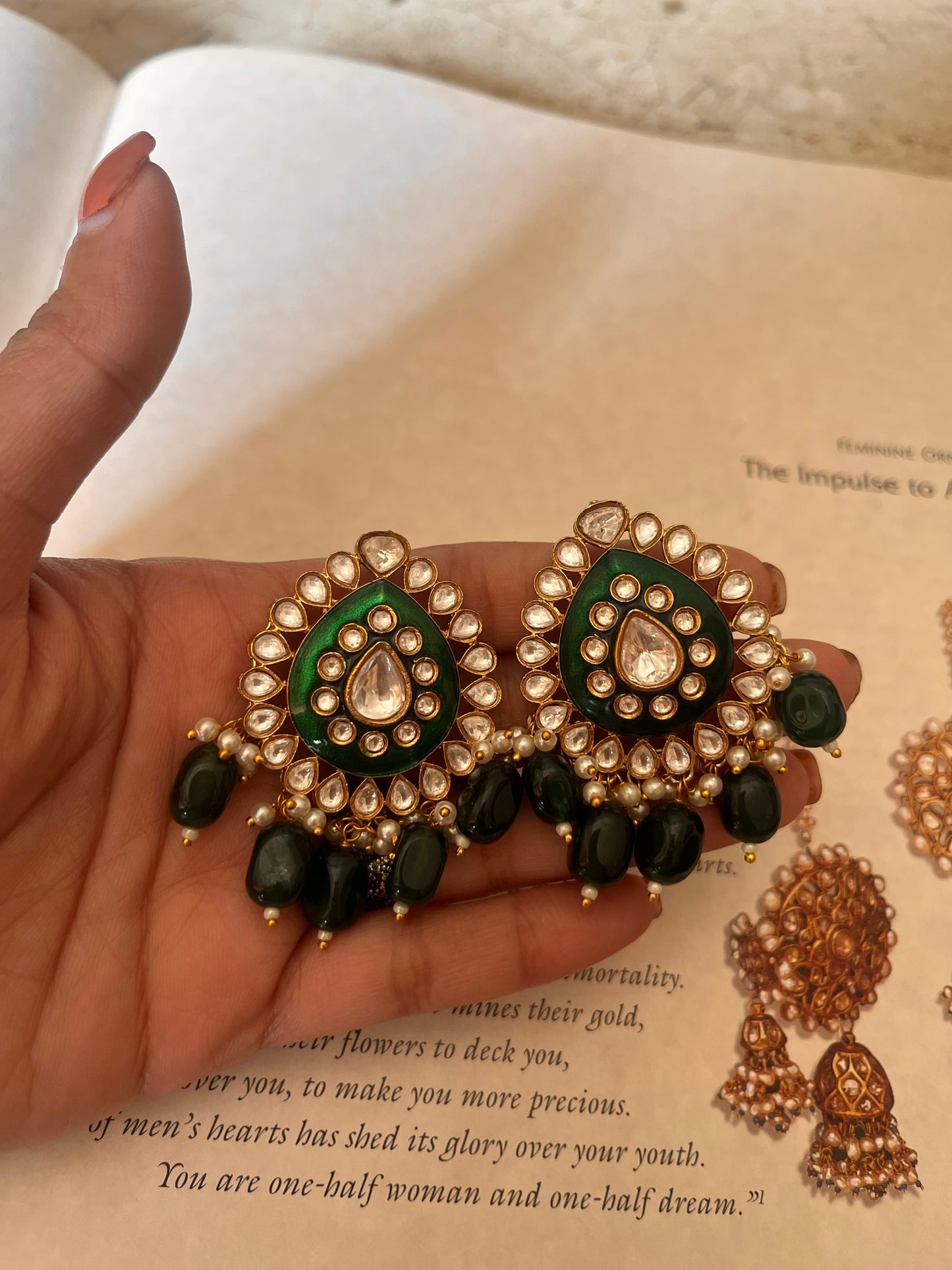 Emerald meenakari polki studs