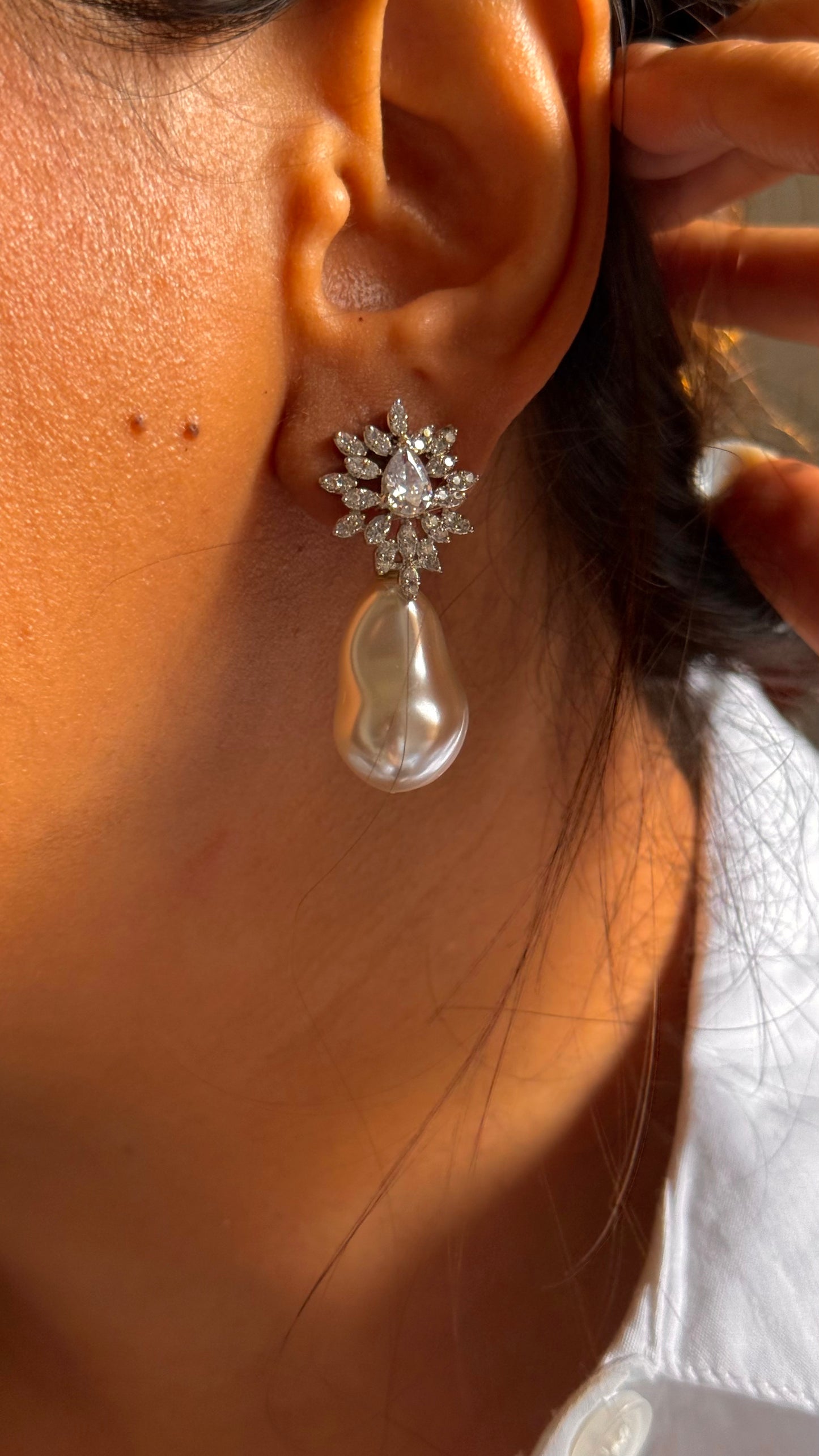 CZ diamond pearl dangler