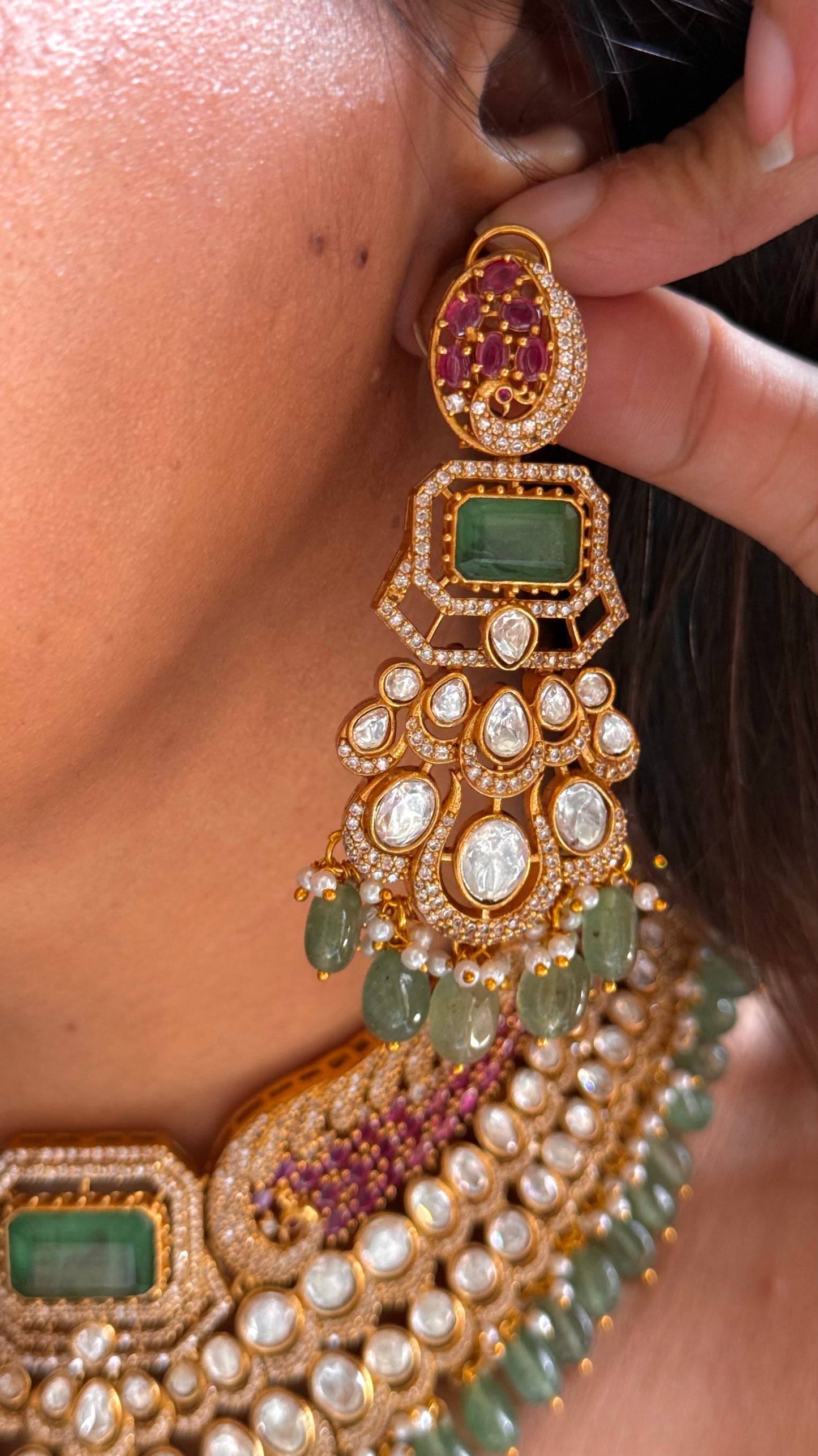 Rani pink ruby moisaanite with mint drops choker Necklace