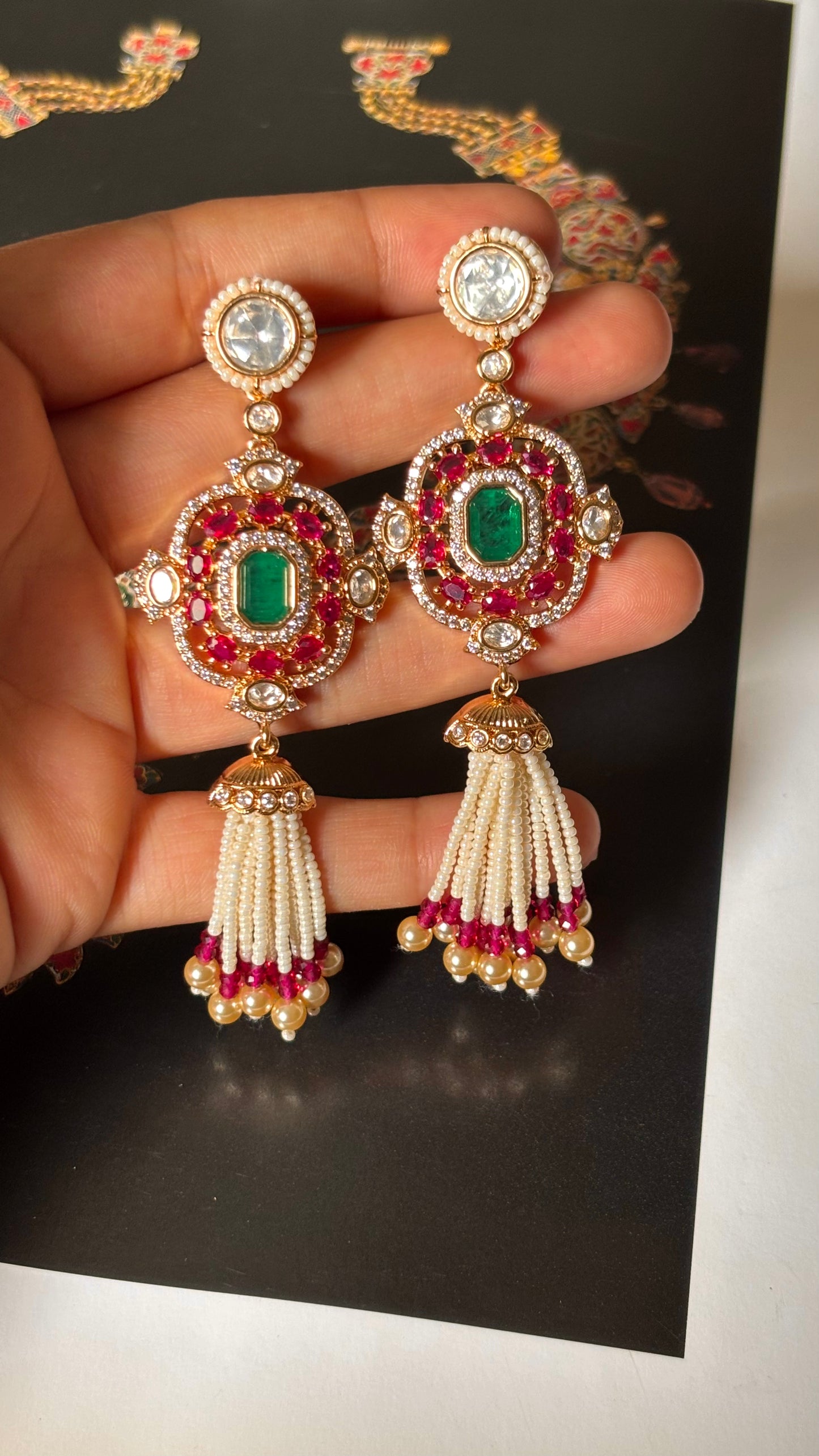 Rani pink doublets & emerald with pearl detailing jhalar Earrings
