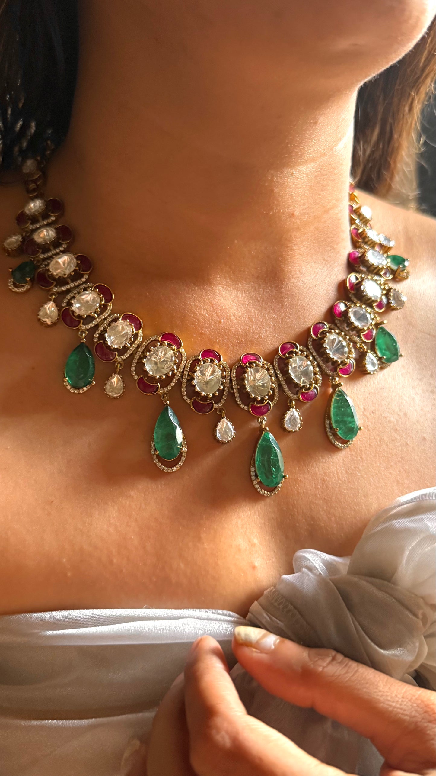 Emerald doublet drop with ruby katdana polki collar set