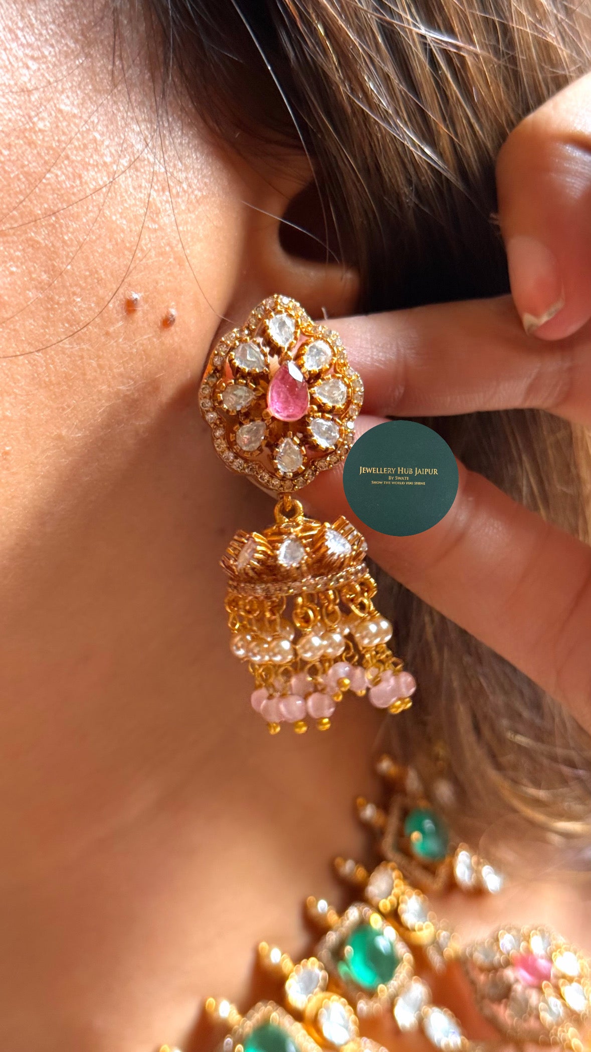 Prachi Rose quartz & emerald moissanite floral collar set