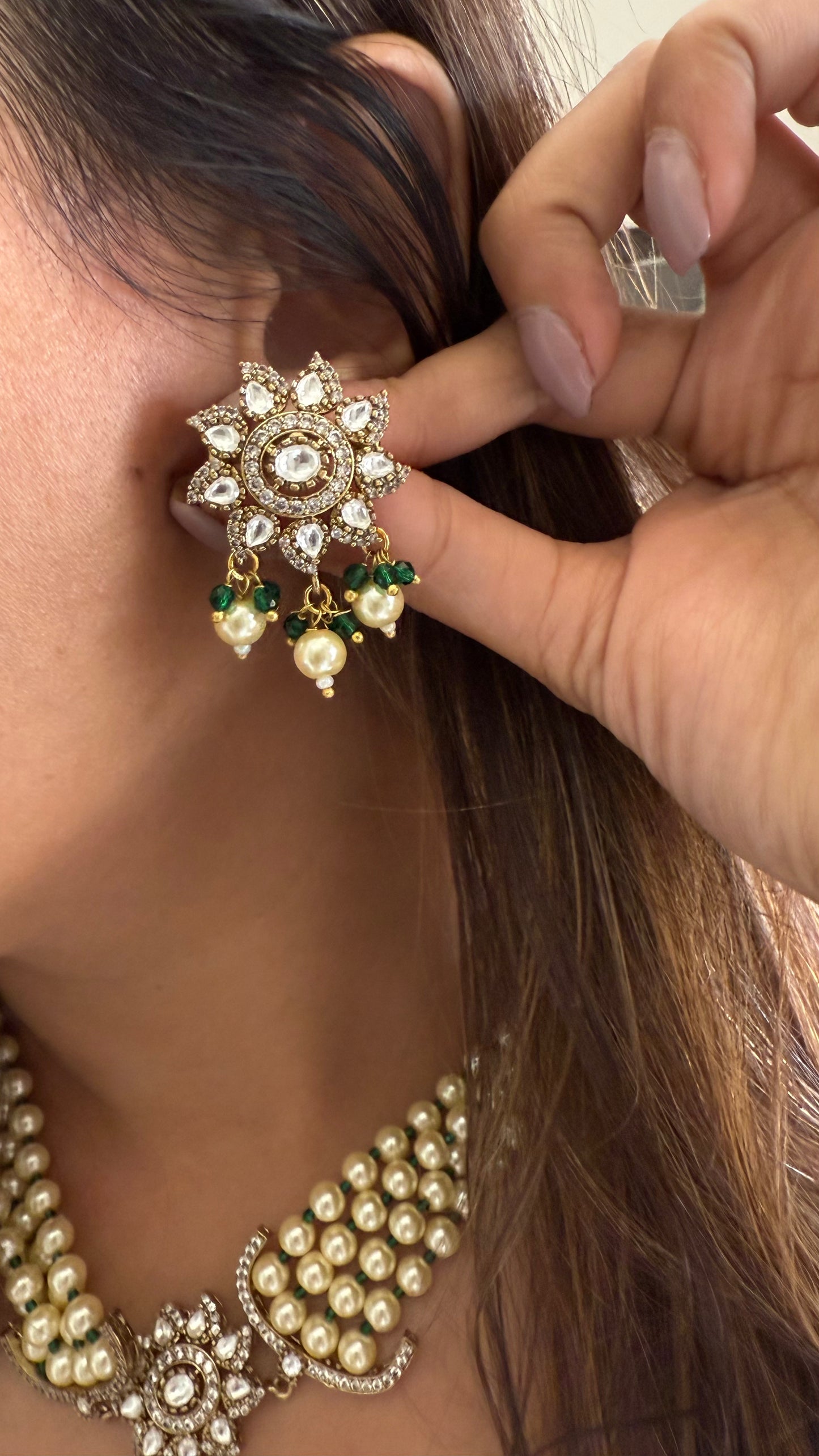 Panna- Emerald doublet pearl moissanite mid length necklace