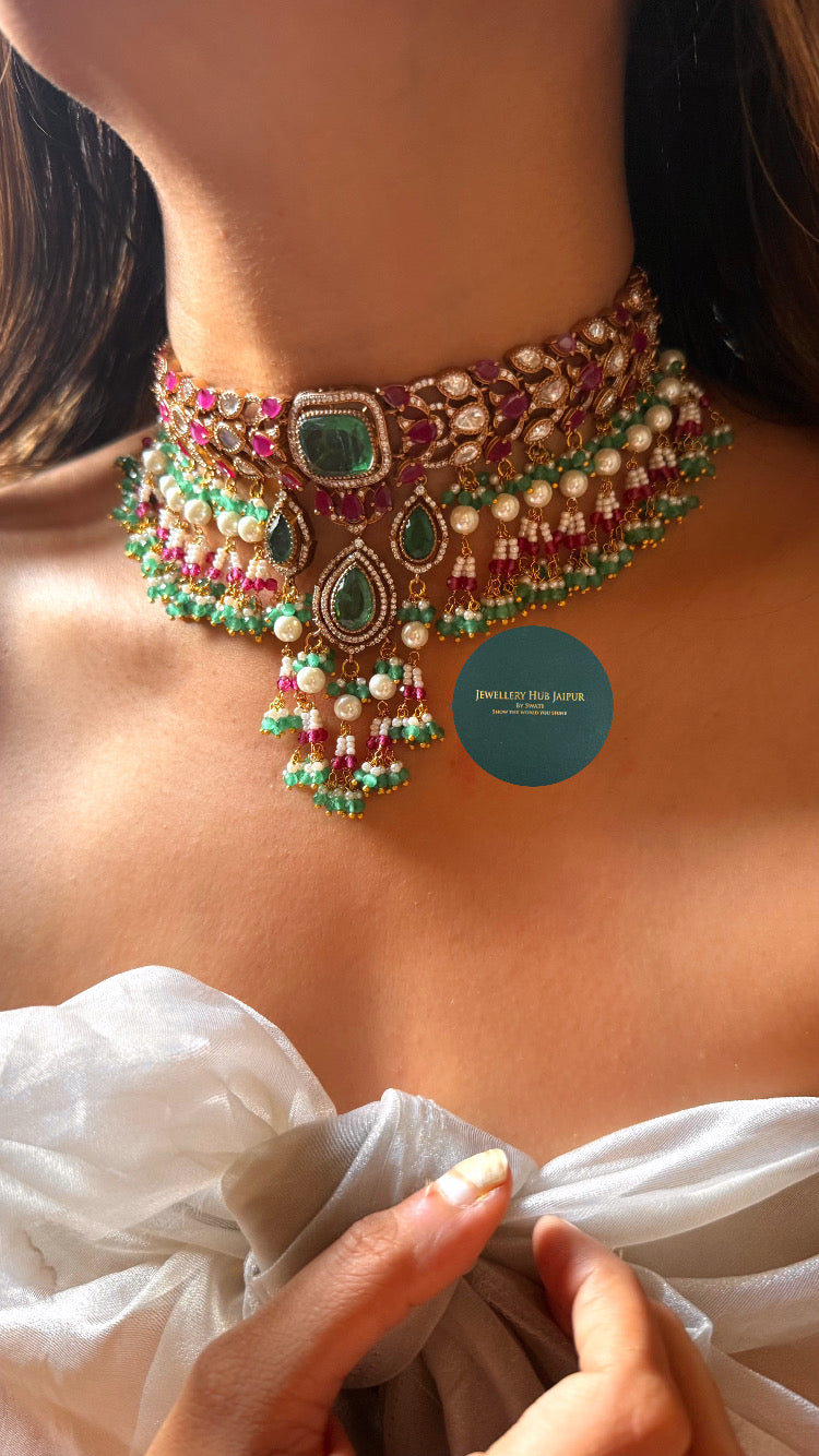 Mint doublet & rani pink Moissanite uncut polki choker set
