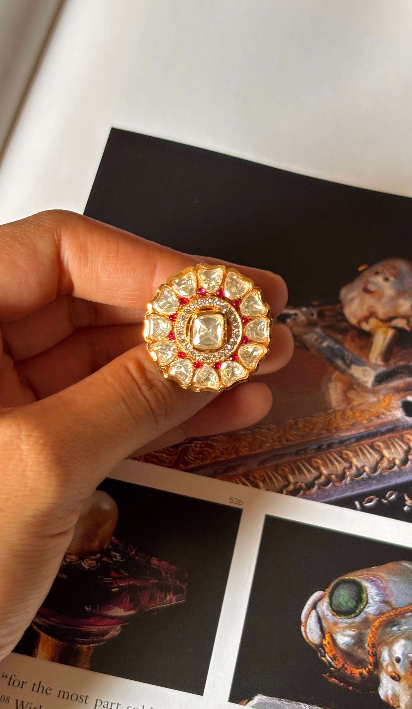 Real moissanite uncut polki ruby floral ring
