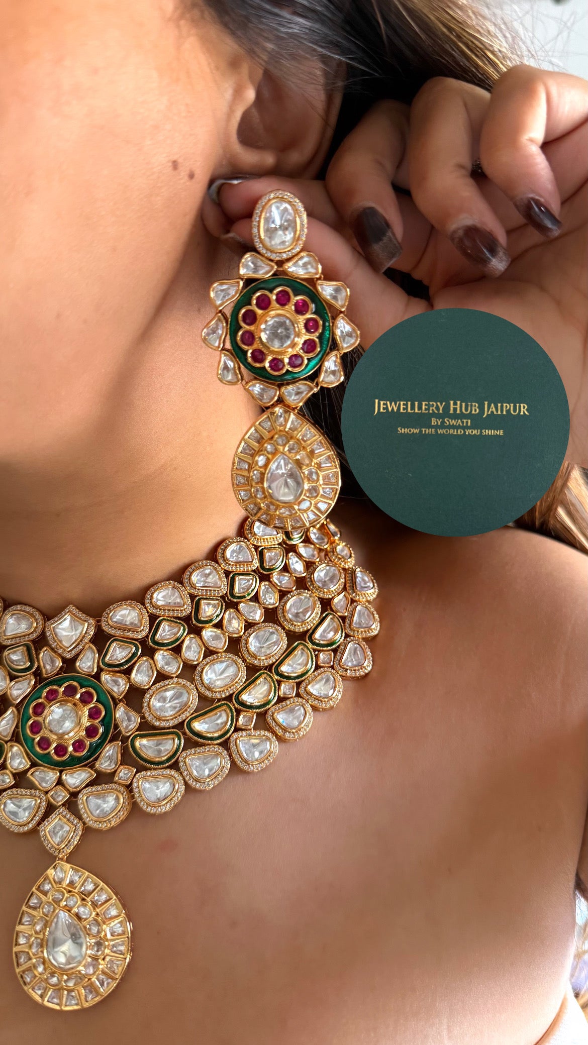Emerald meenakari & ruby Moissanite uncut polki collar set
