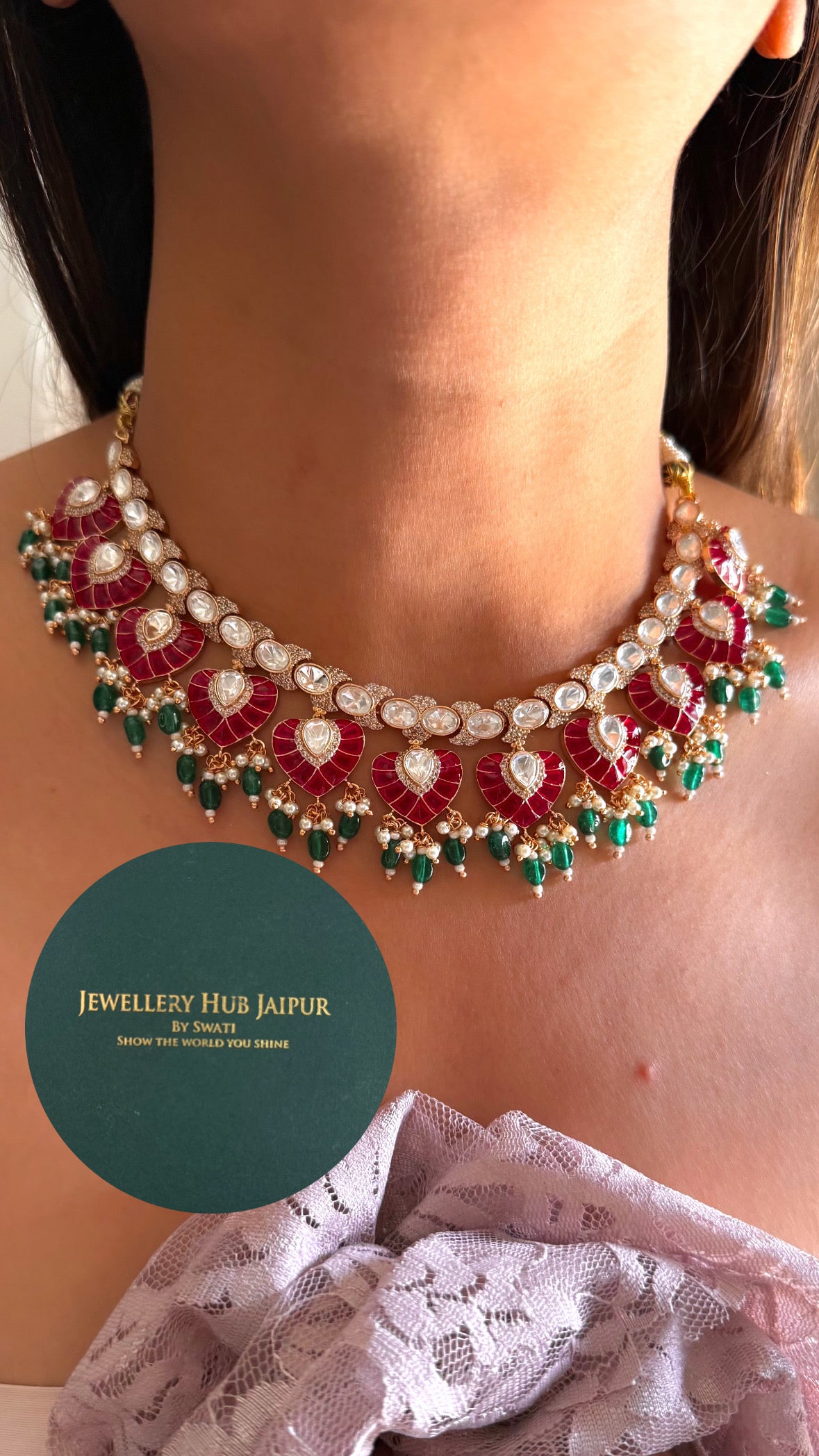 Rani pink & dark emerald katdana Moissanite collar necklace