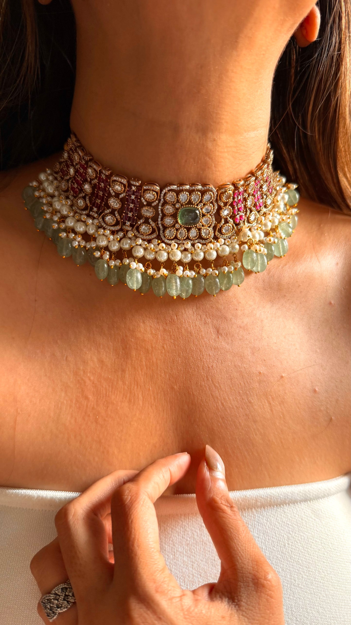 Mint doublet & rani pink moissanite choker set