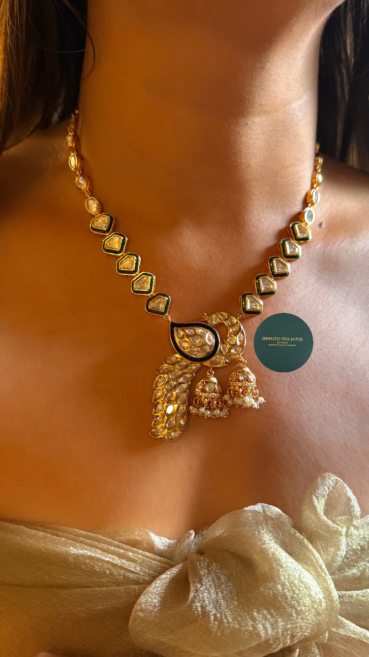 Emerald & sapphire meenakari peacock designed collar set