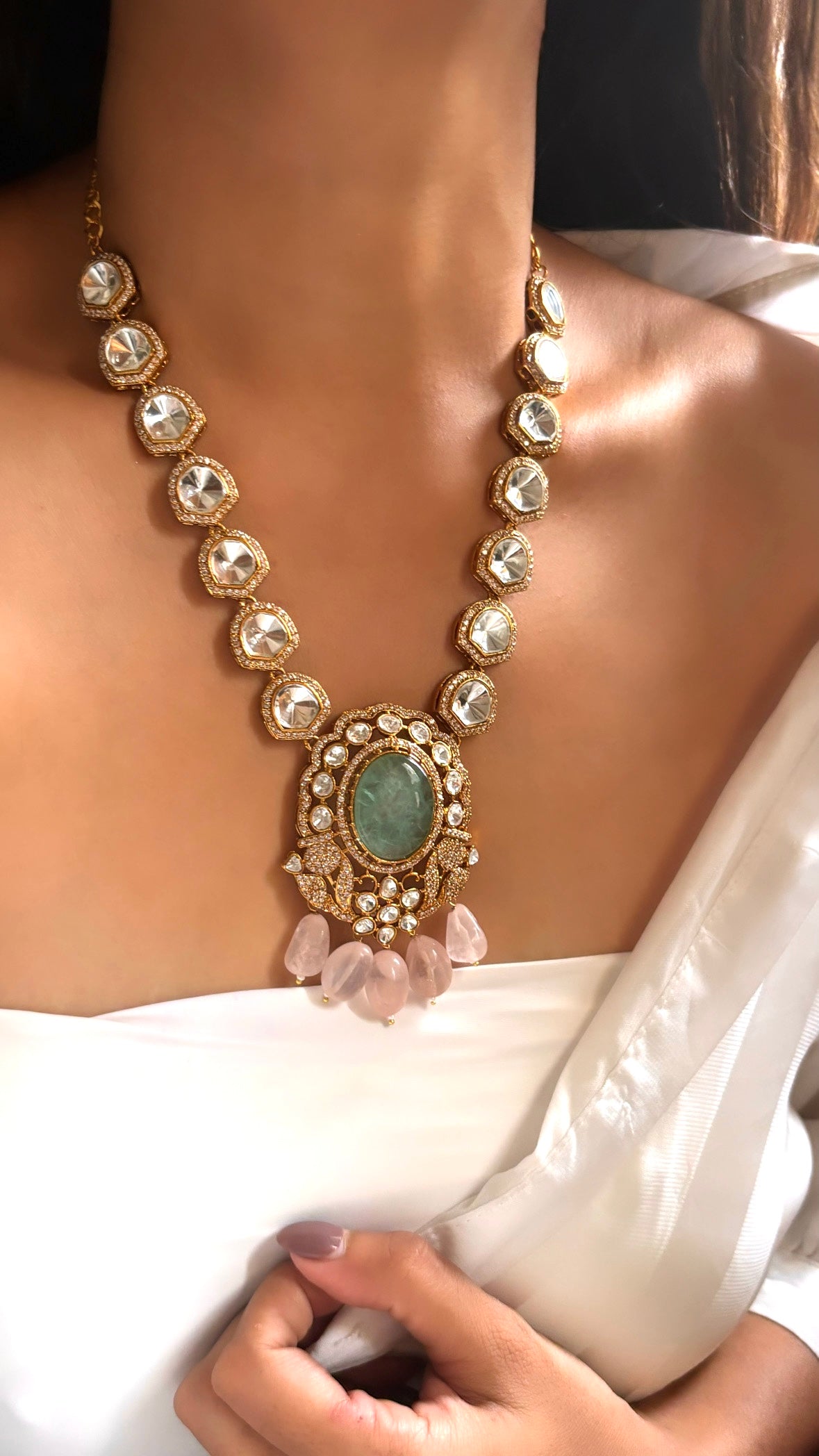 Designer uncut polki mint necklace