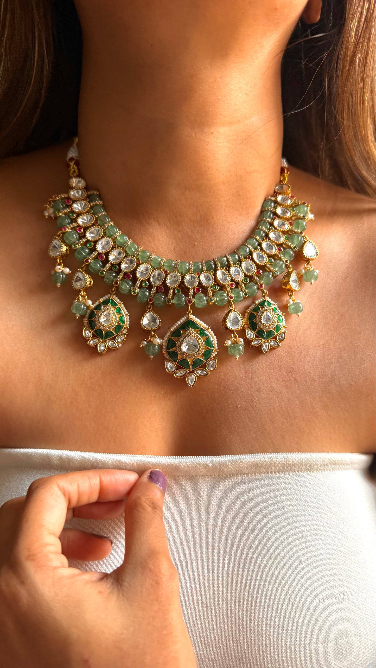 Mint rani pink doublet moissanite & emerald katdana collar set