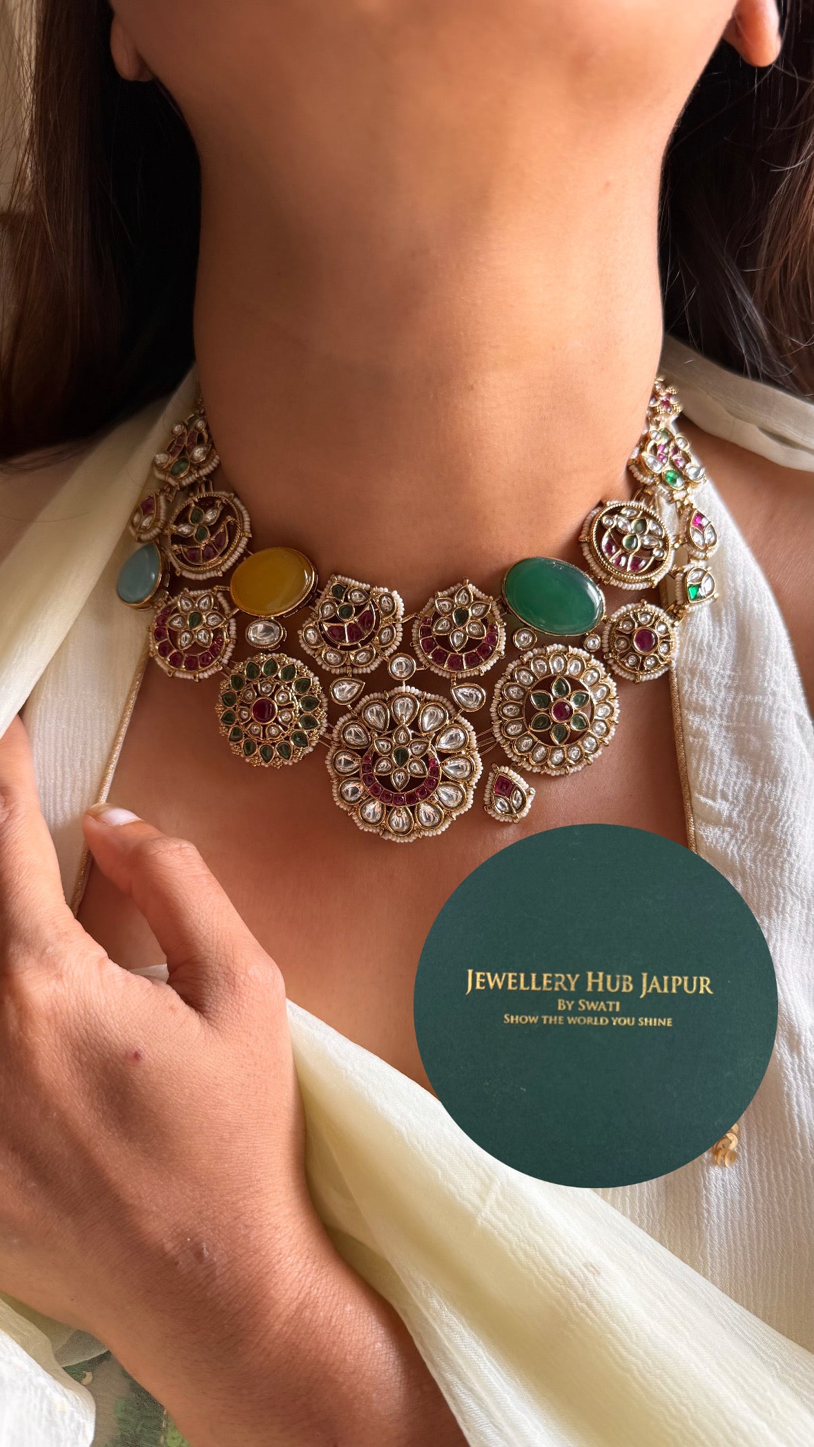 Navratna doublet gems with floral rani pink collar set
