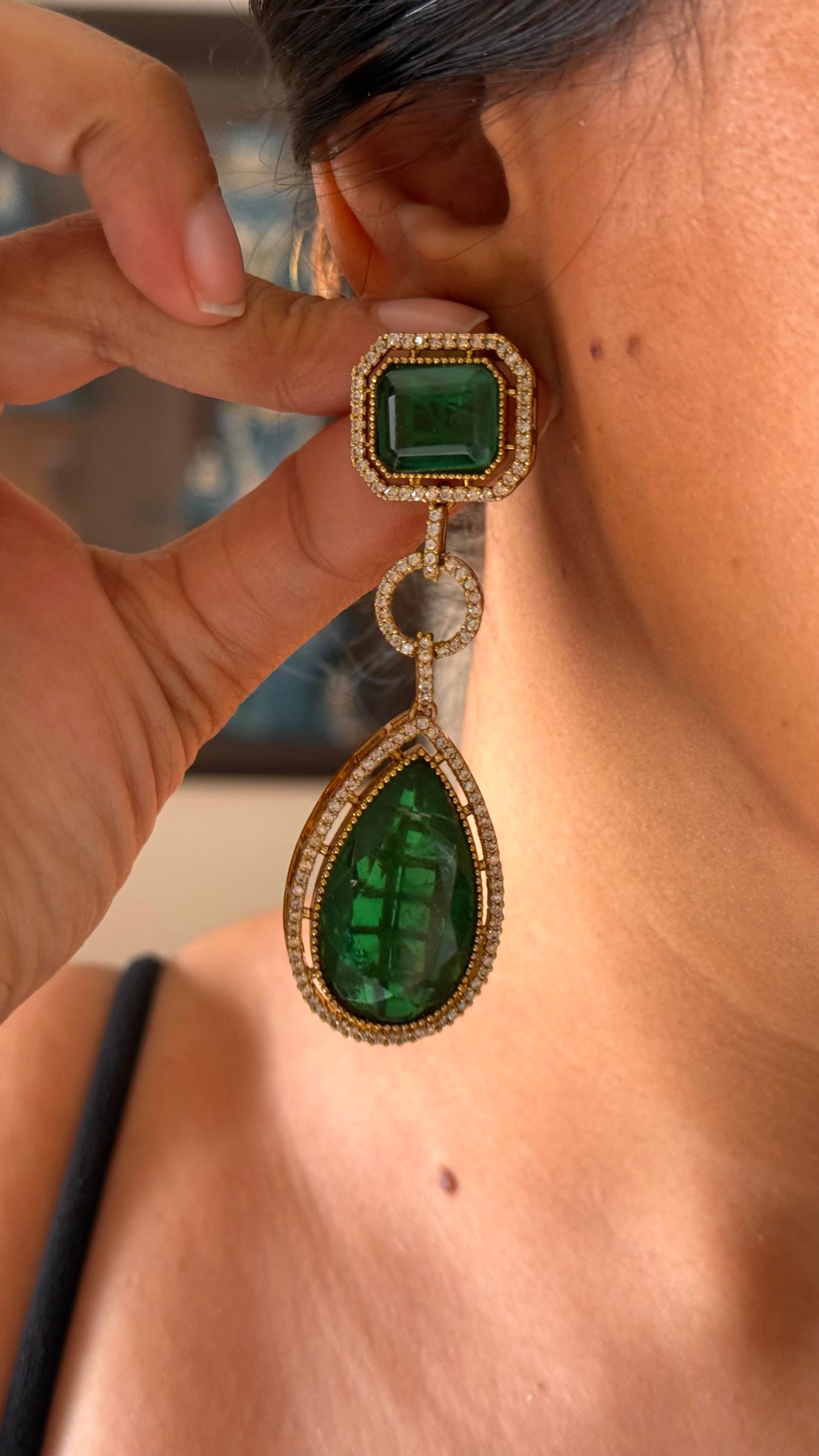 Emerald tear drop long pendant minimal necklace