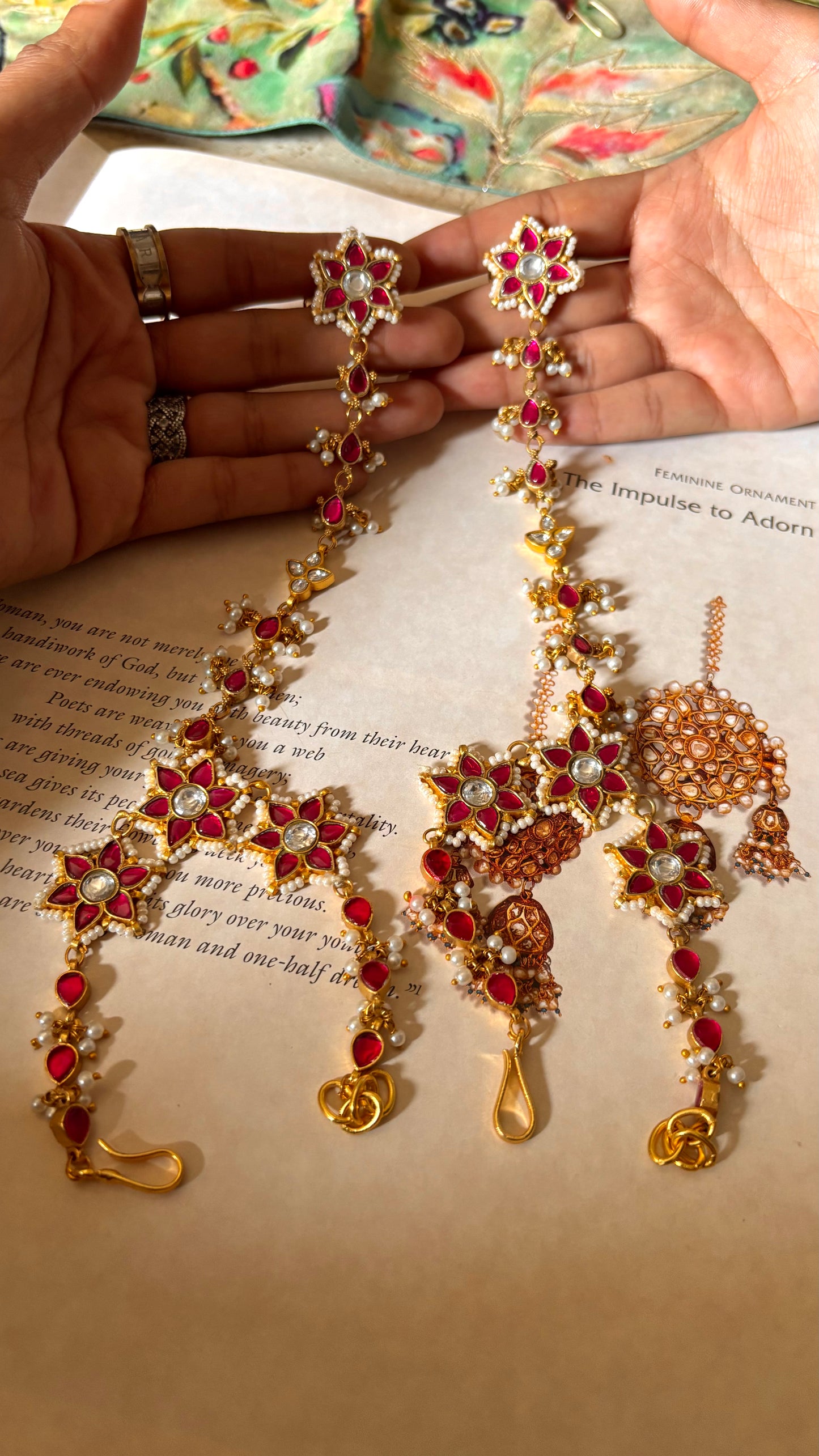 Ruby with floral paachi Kundan Hathphool