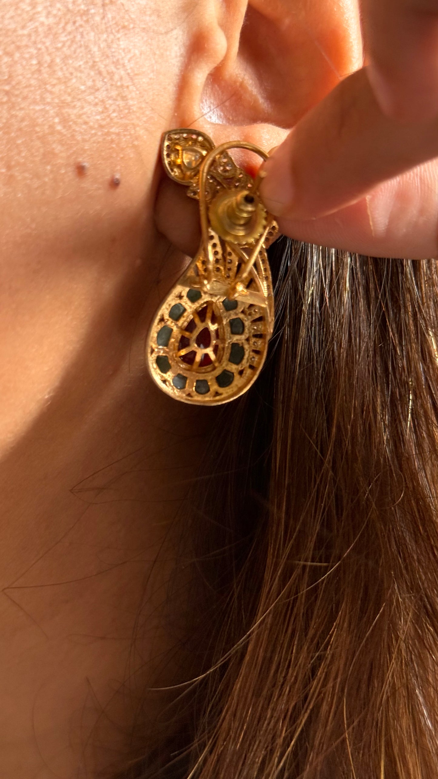 Ruby & Emerald inverted leaf danglers with back clip