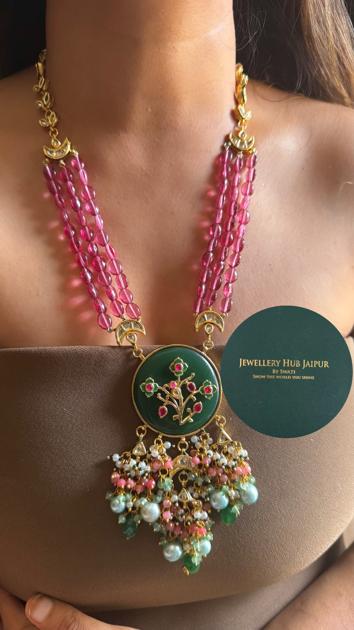 Emerald inlay work with rani pink & mint drops paachi mid length set