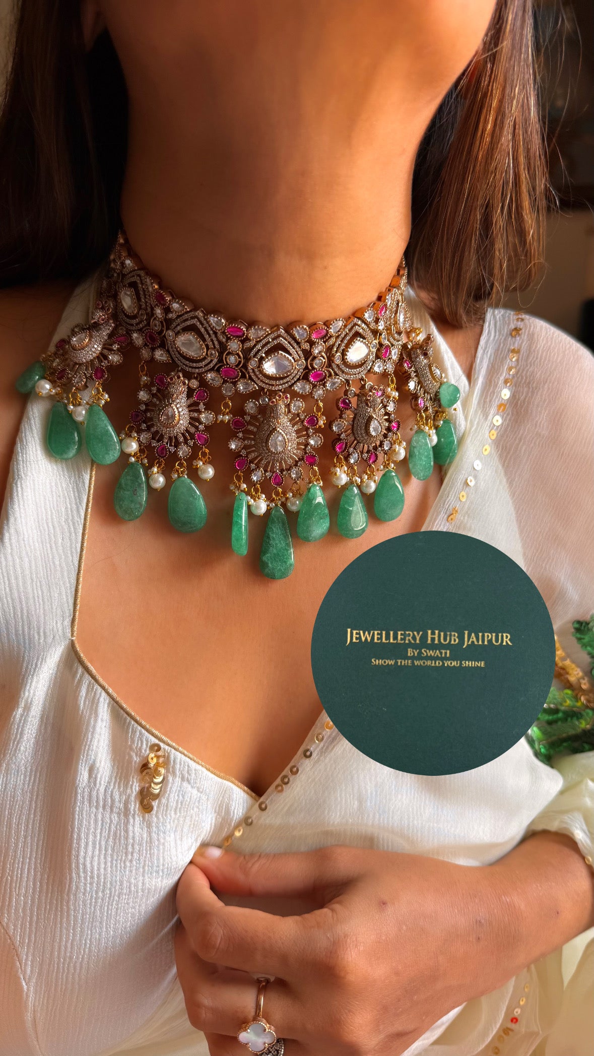 Rani pink moissanite floral with mint drop choker set