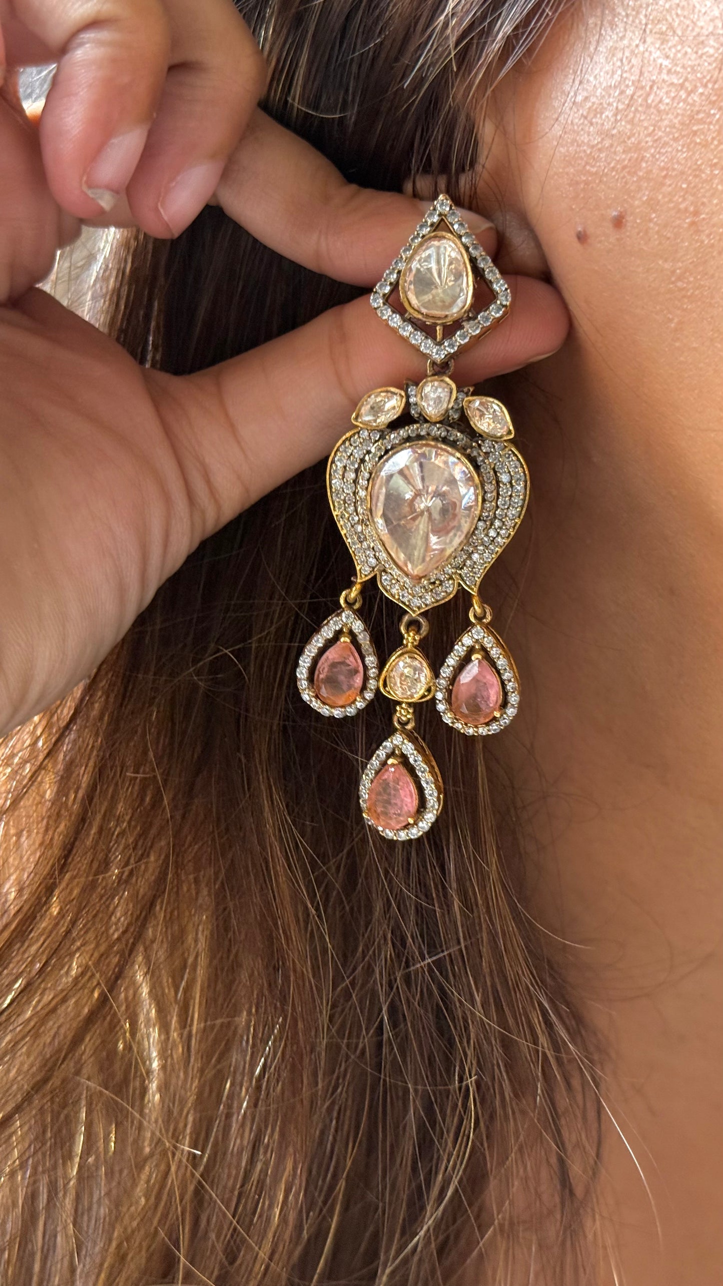 Rose quartz moissanite danglers