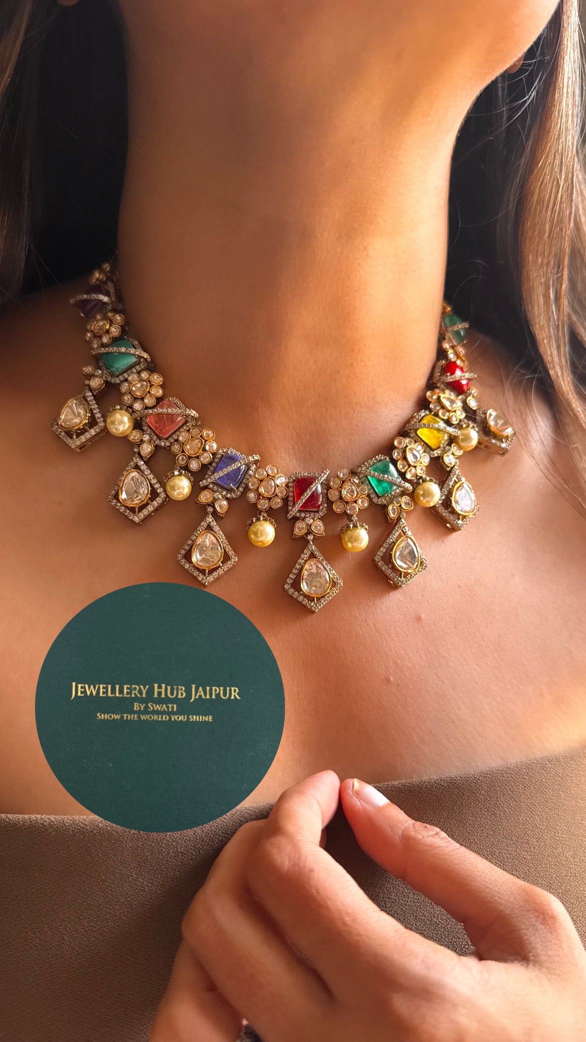 Navratna doublet moissanite polki collar set