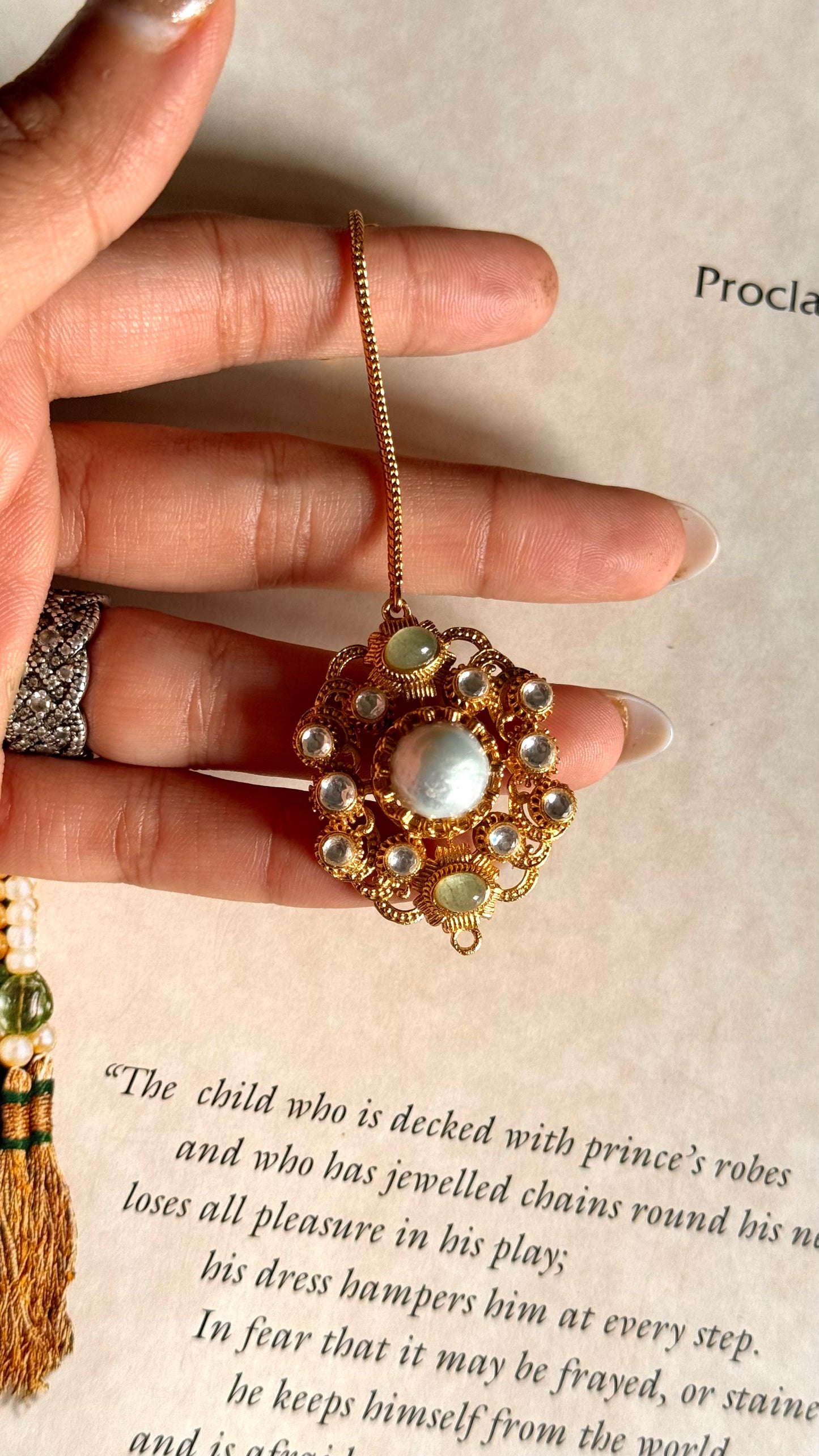 Mint & pearl moissanite maangtika