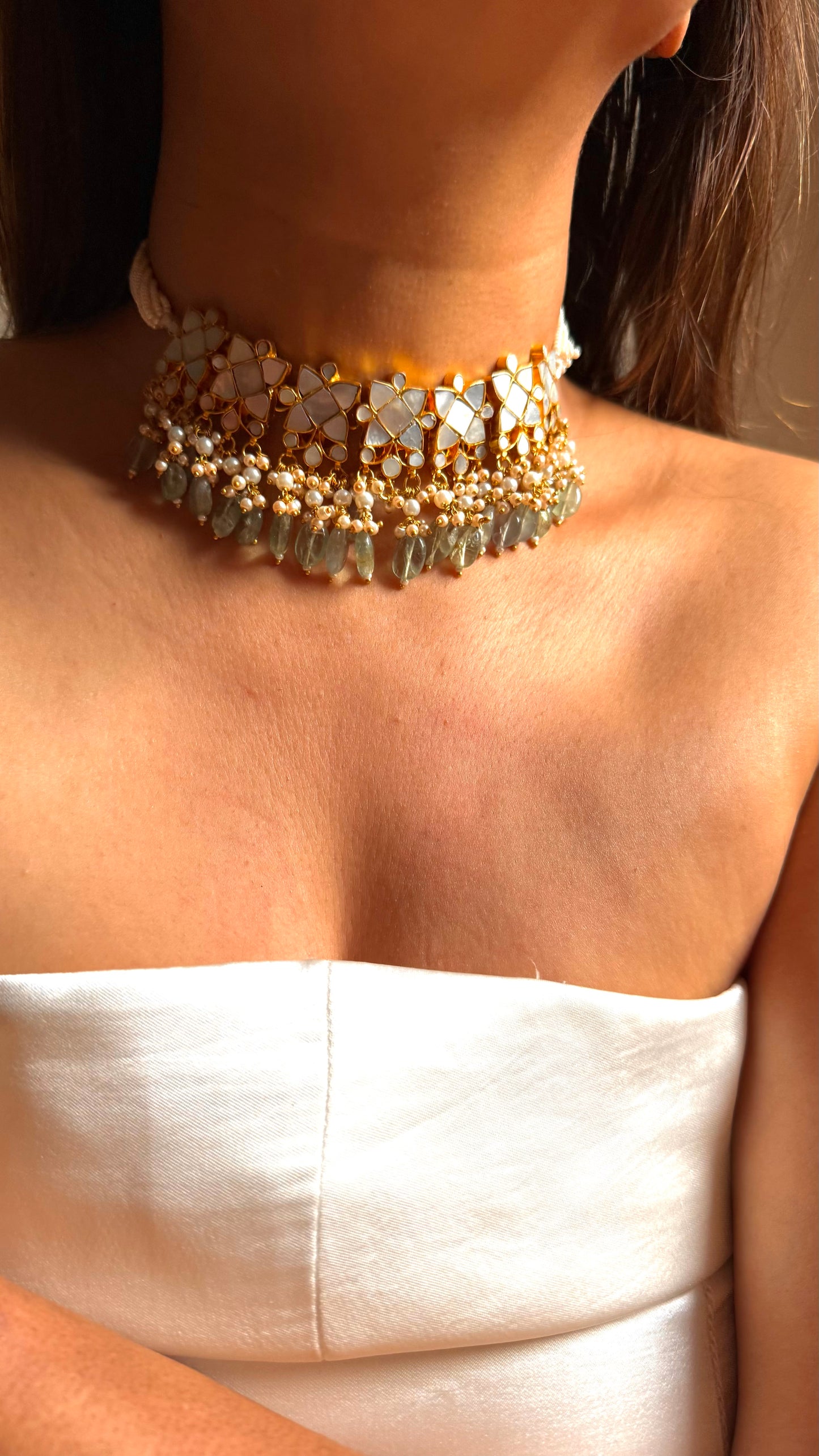 Mother of pearls floral with mint drops rajwada choker set