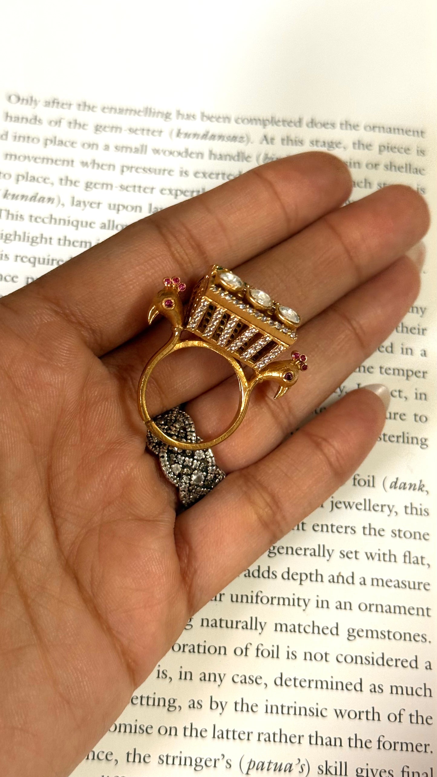 Emerald moissanite peacock design adjustable ring