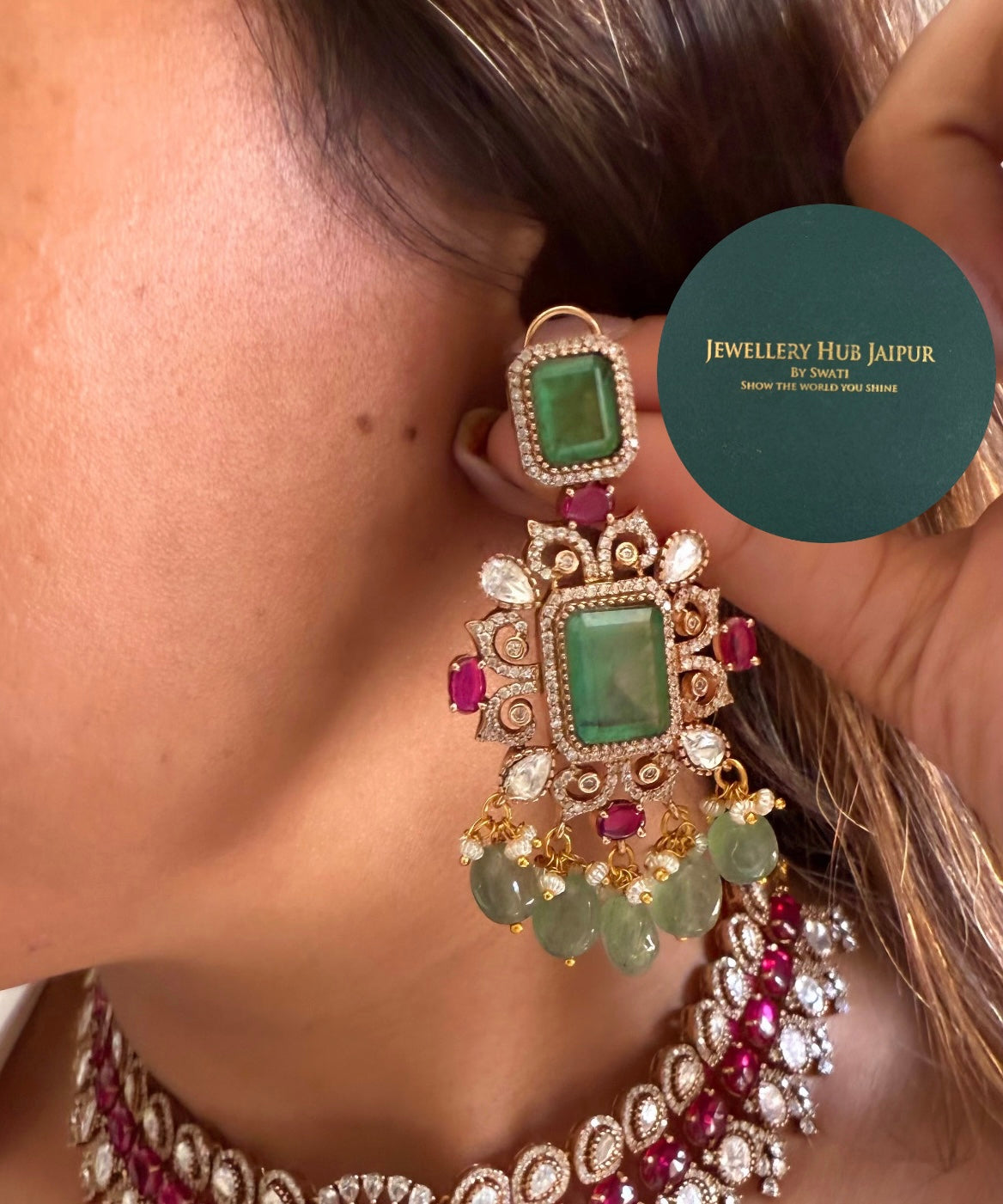 Mint doublet & rani pink moissanite bridal set