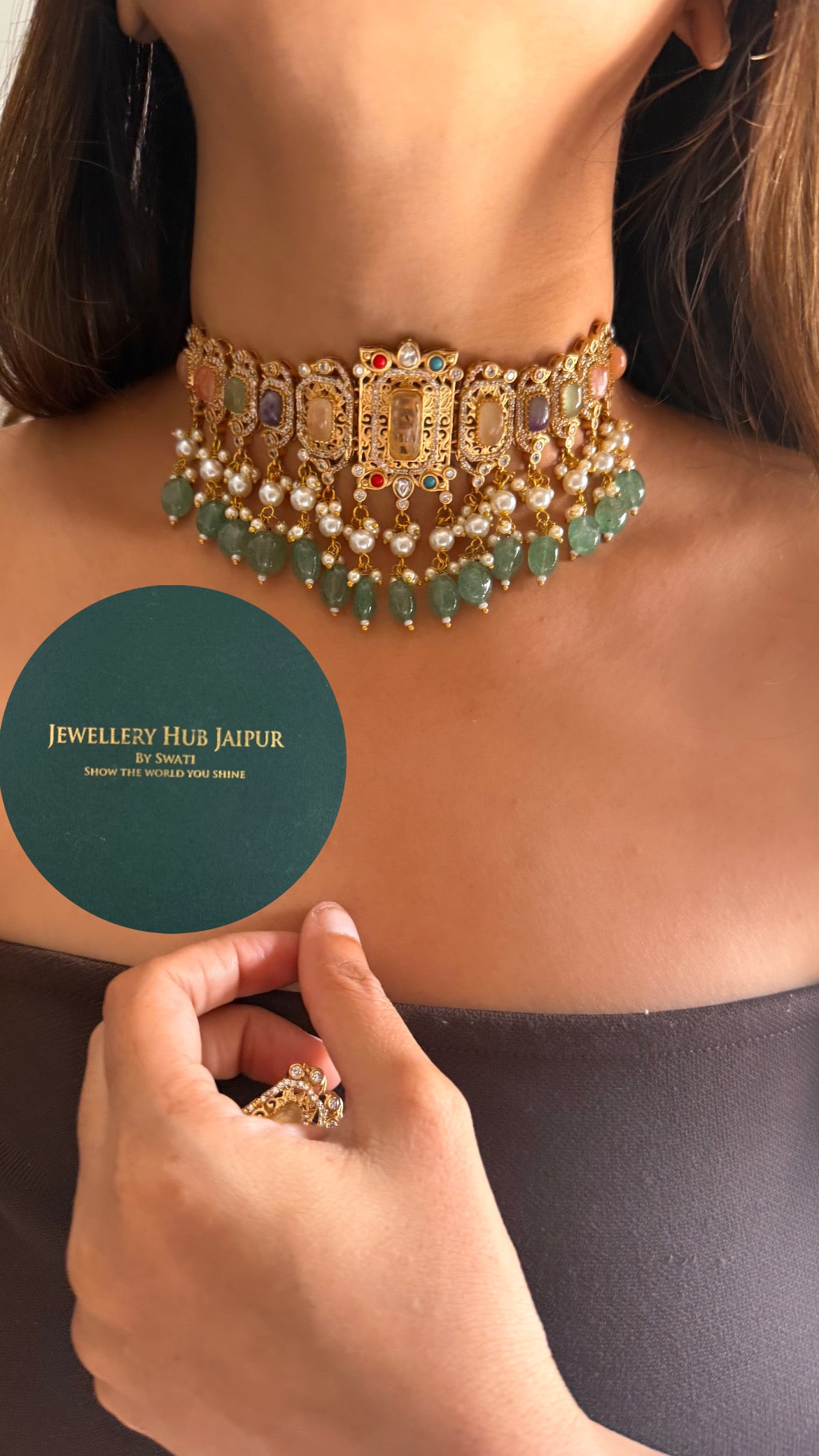 Navratna doublet with mint & pearl drops choker set