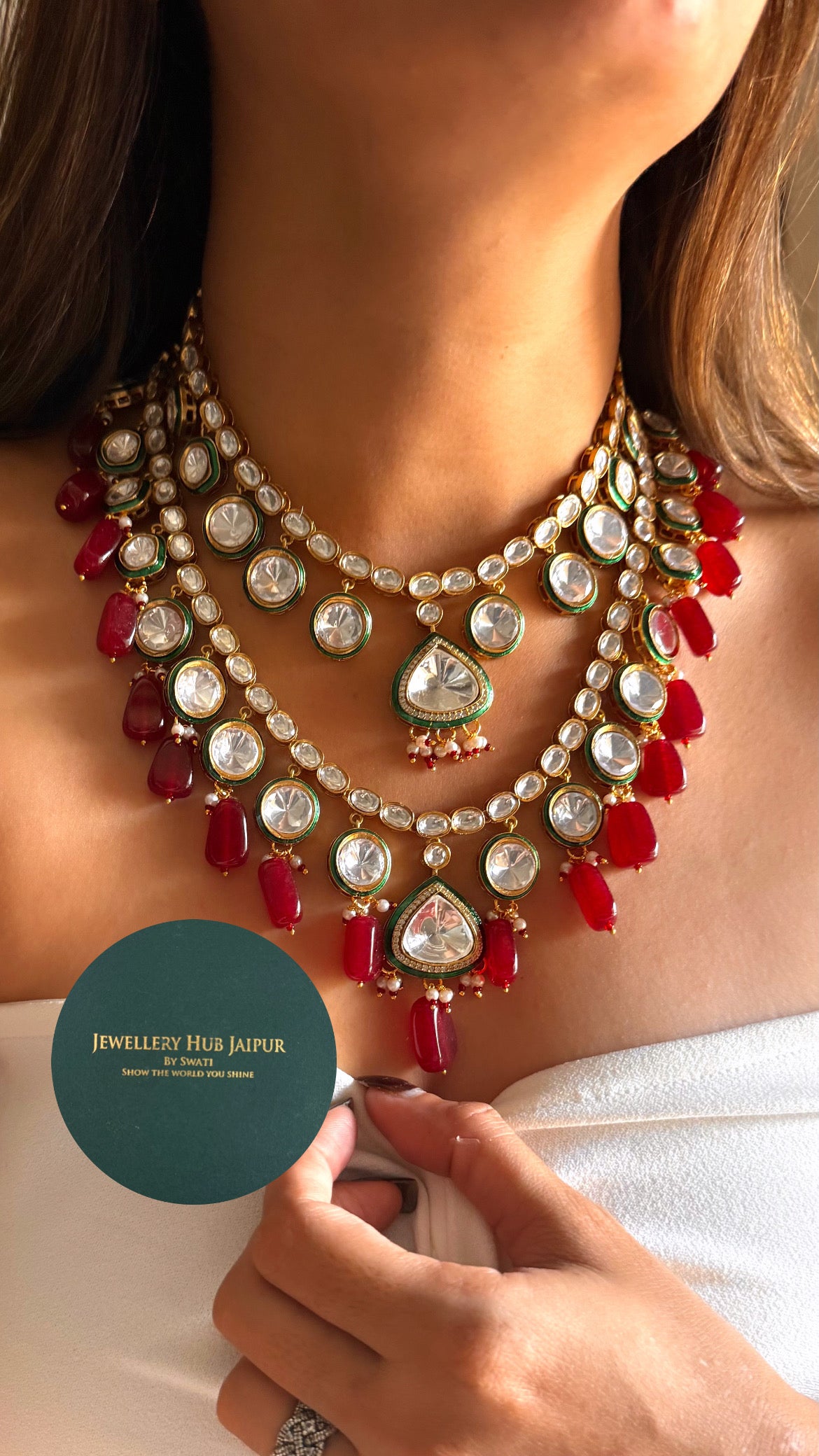 Emerald meenakari polki dual layer with ruby drops set