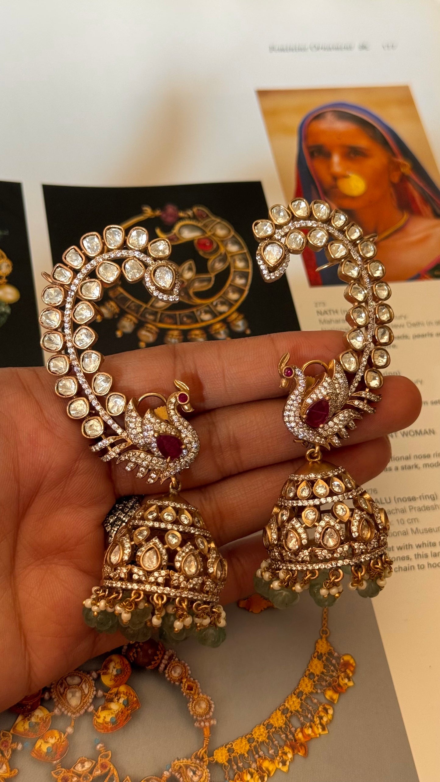 Peacock inspired moissanite earcuff with Jhumki detailing