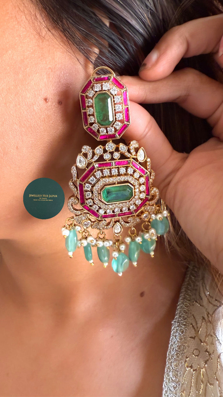 Manvi Mint doublet & rani pink four layer with mint drops necklace