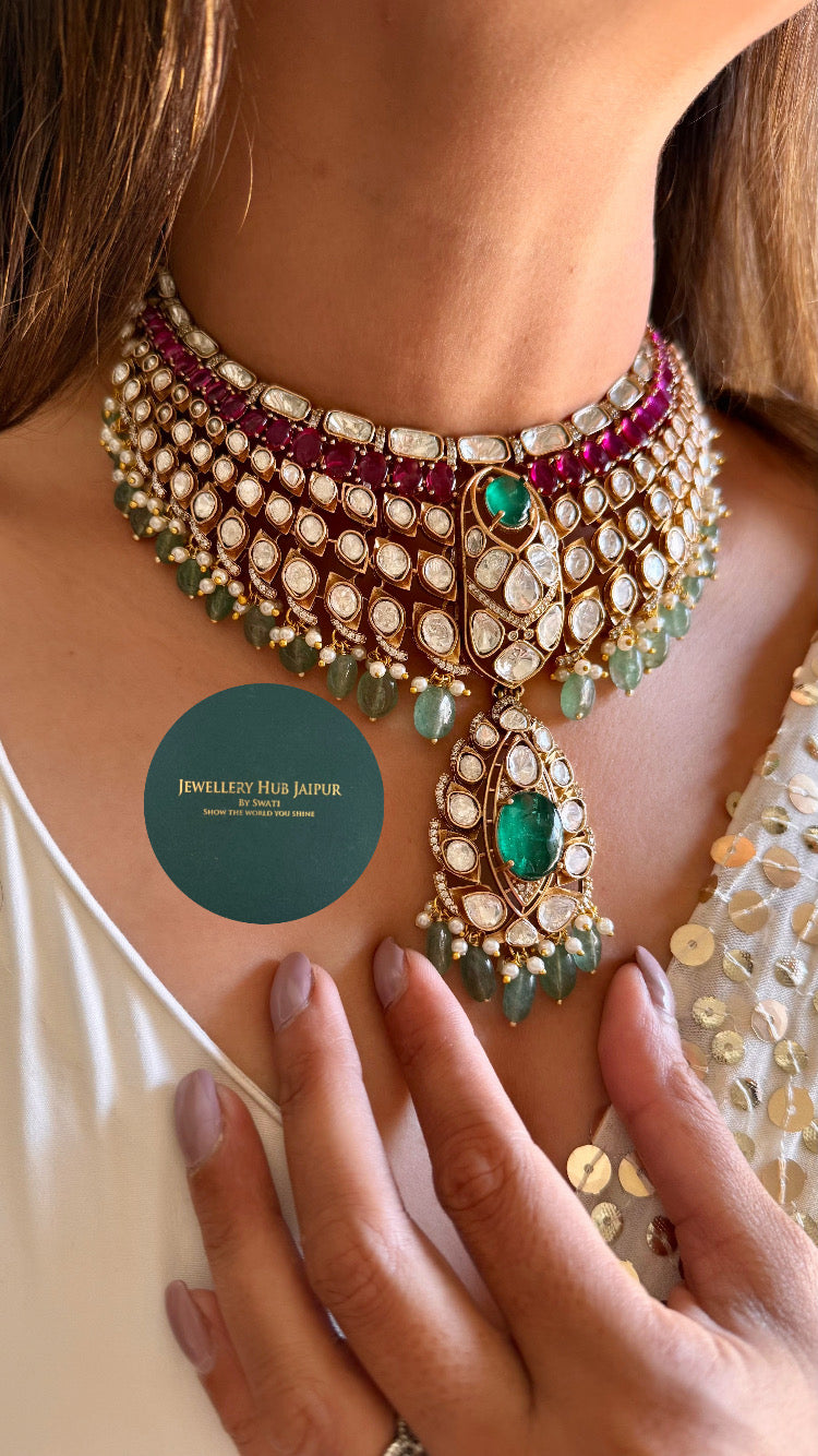 Gulaal Emerald doublet ruby moissanite polki mint drop necklace set