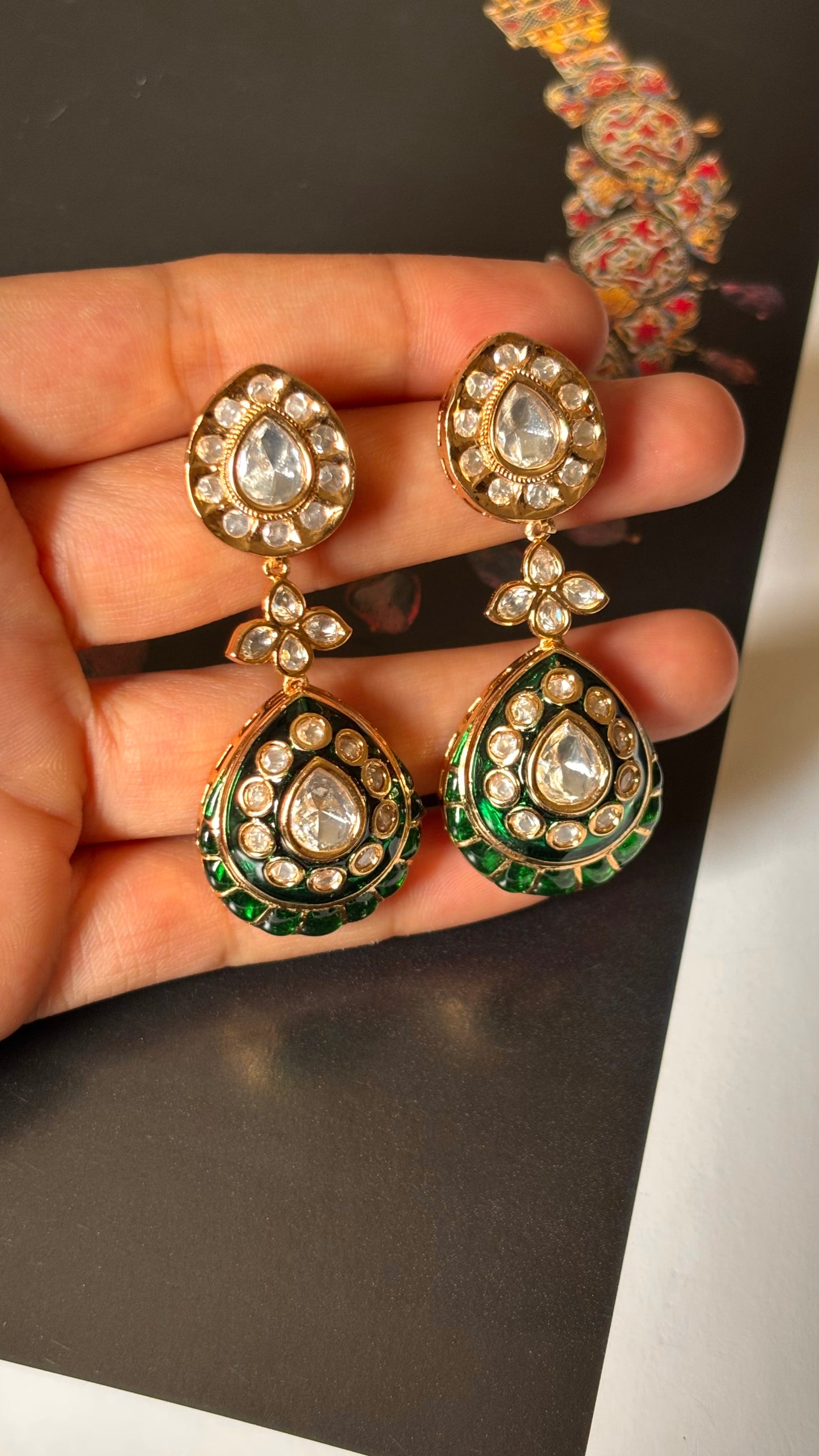 Emerald Moissanite polki meenakari danglers