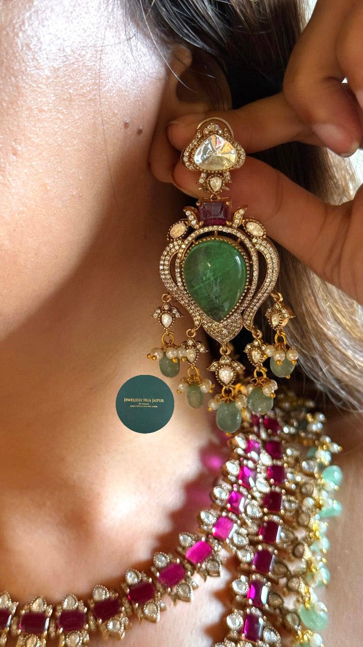 Emerald doublet and Rani pink double layer collar set