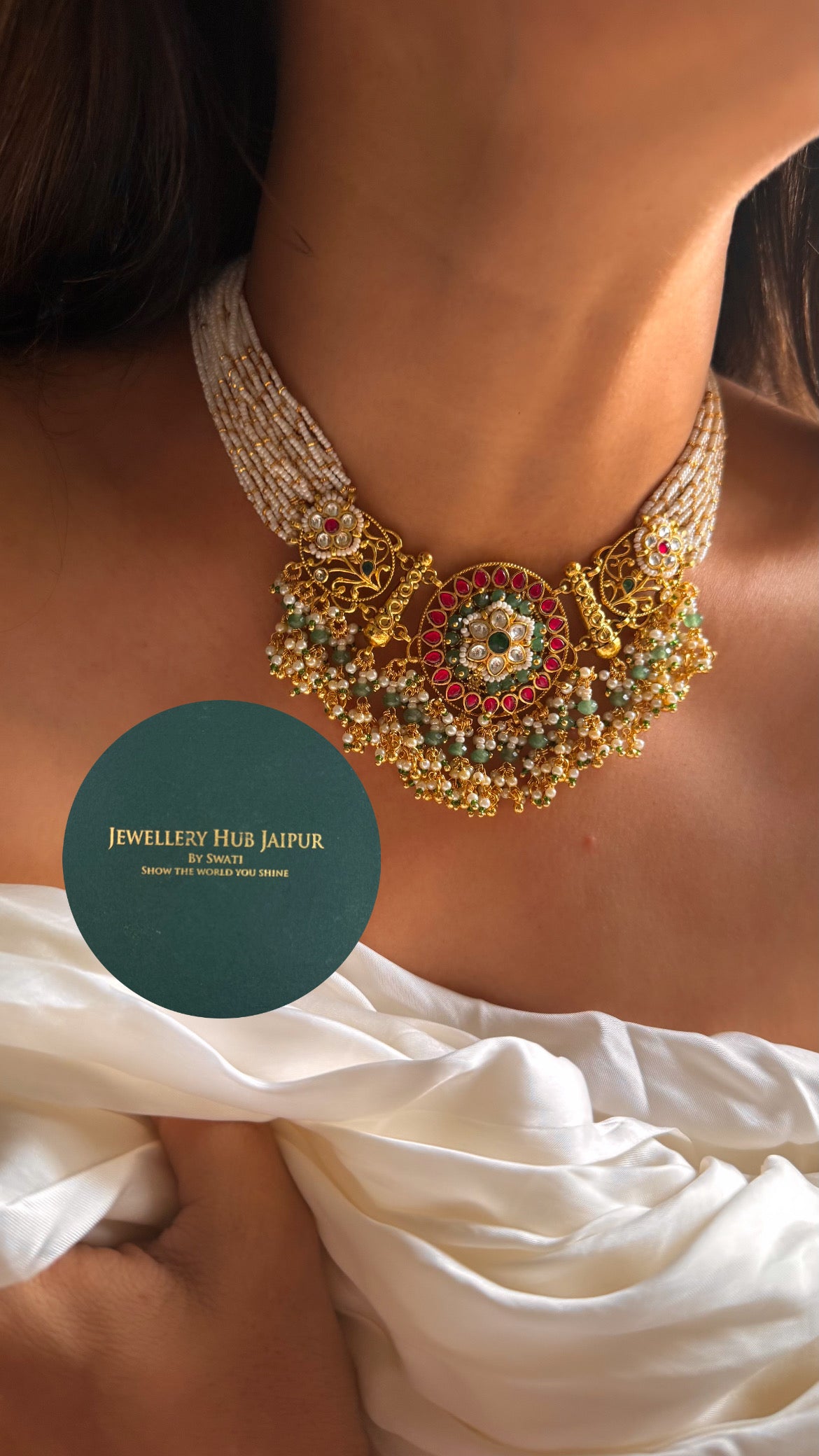 Handmade Heritage Polki Emerald & rani pink floral heritage rajwada collar set