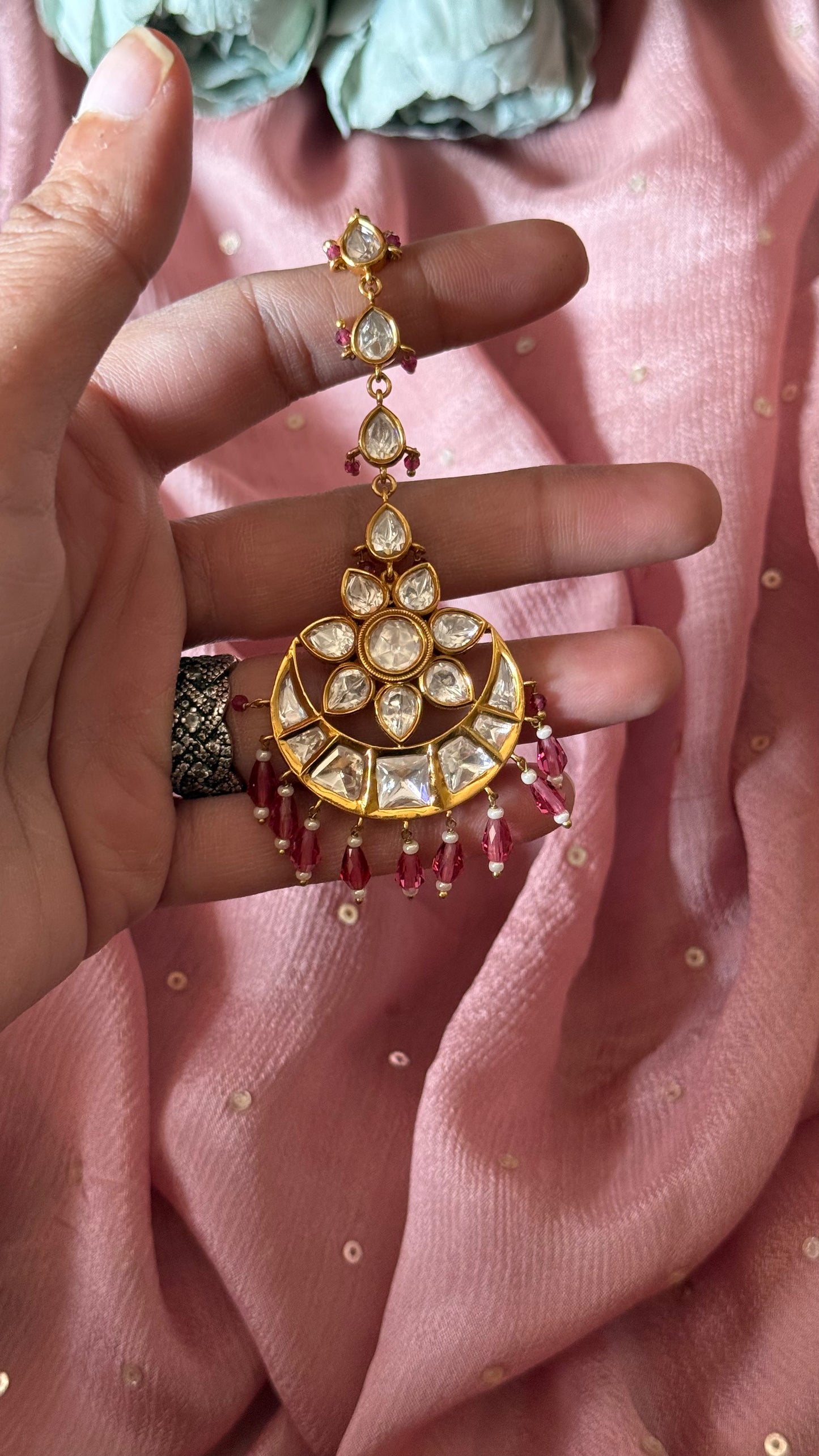 Chandbali maangtika with ruby drips