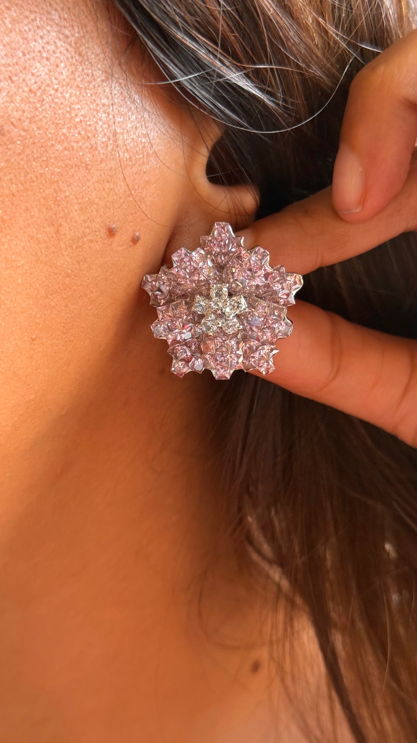 Rose quartz diamond floral studs
