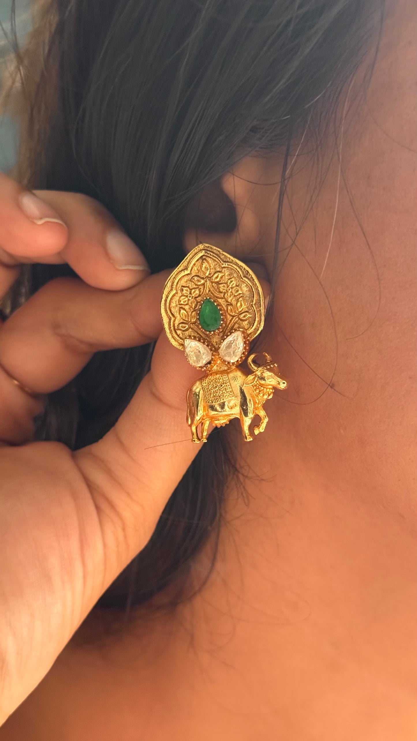 Nandi moissanite & emerald temple studs
