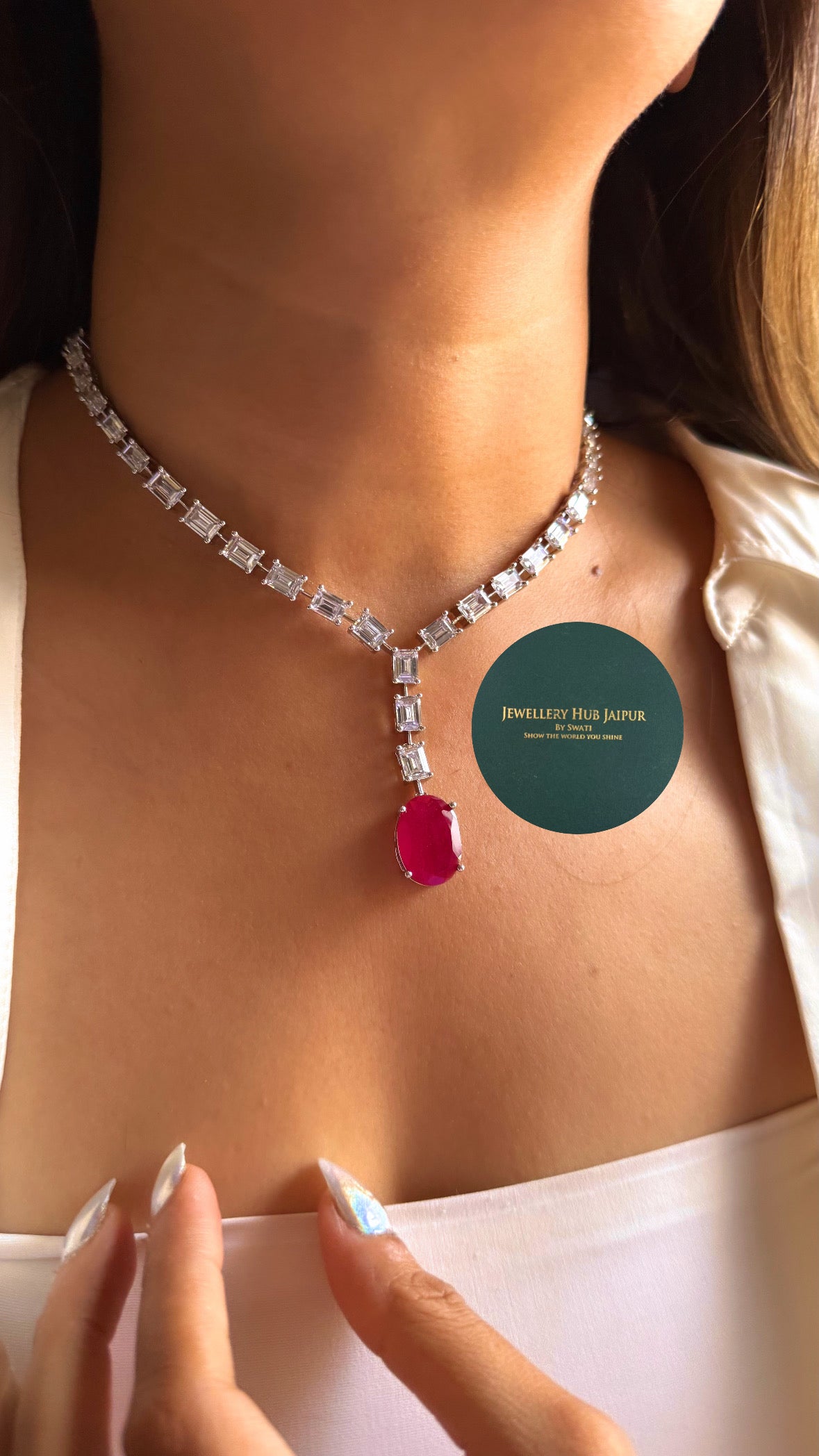 Cz diamonds Ruby doublet drop necklace