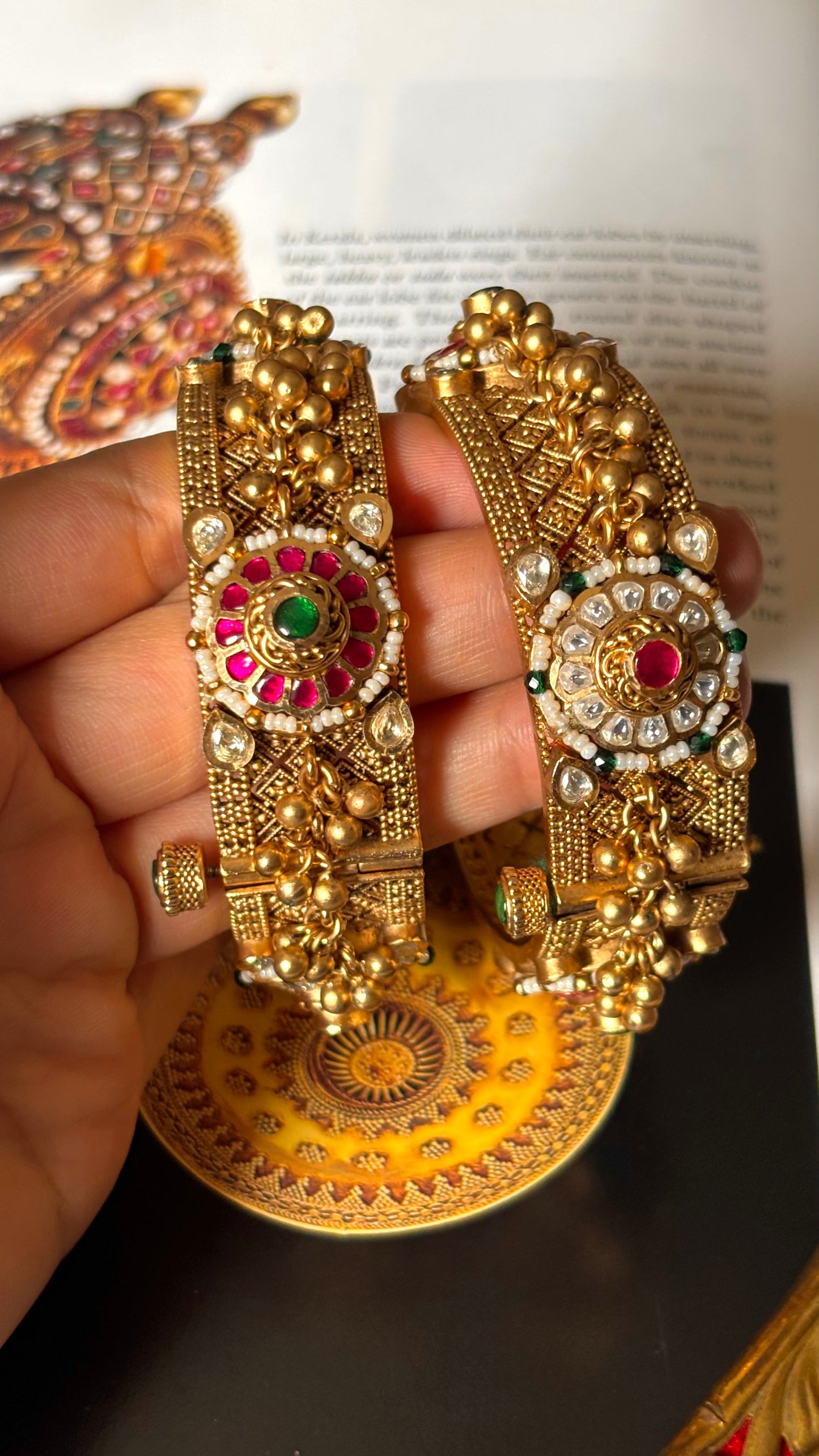 Rani pink & emerald with gungroo detailing openable Bangles
