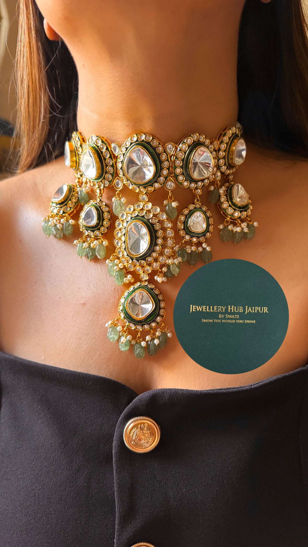 Emerald meenakari polki with mint drop choker